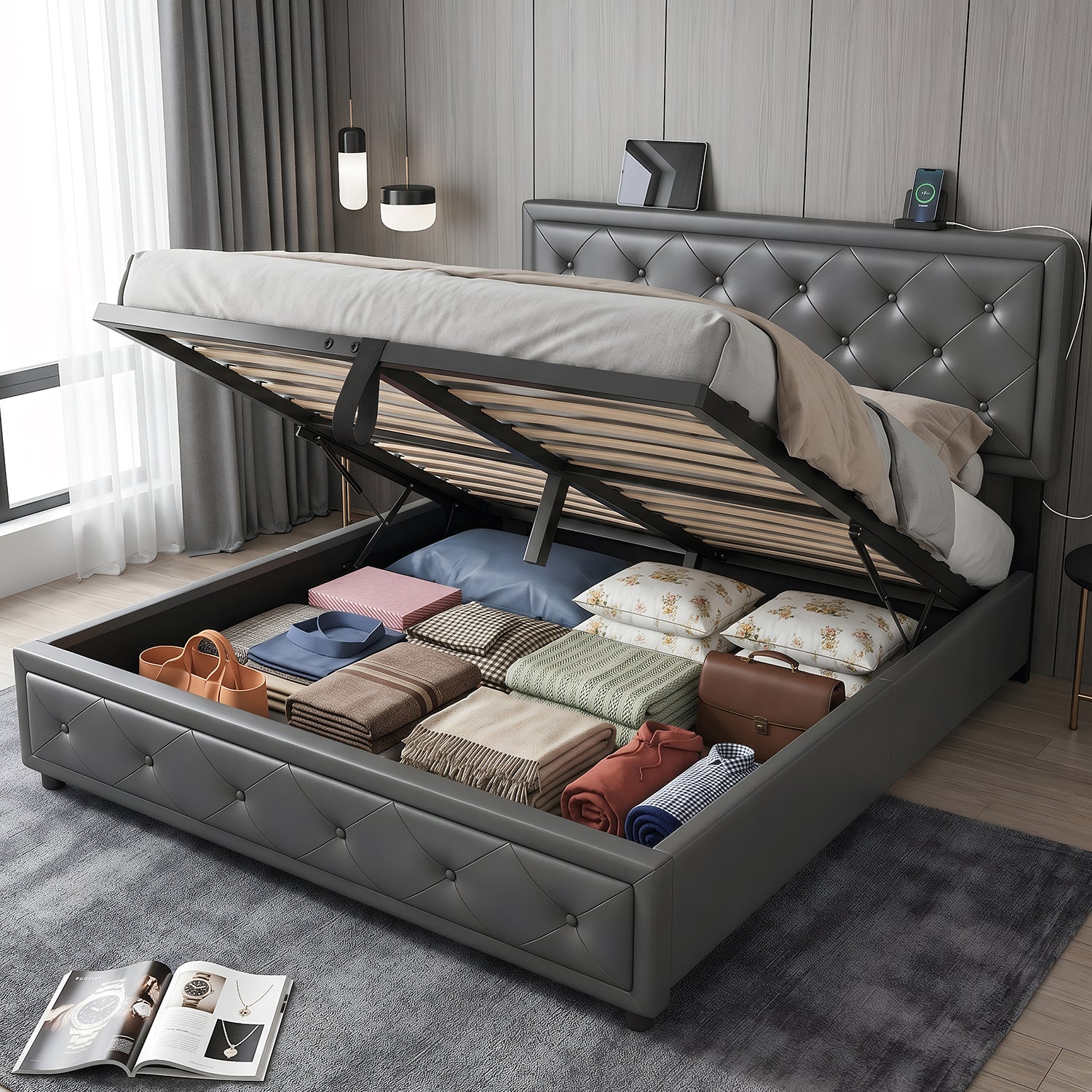 OYAJIA 140 × 200cm Upholstered Storage Bed with Hydraulic Lift and Headboard
