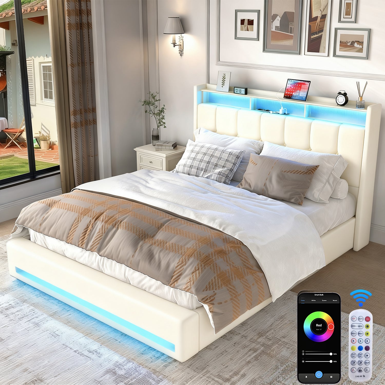 OYAJIA Upholstered Platform Bed Frame with LED Light, Storage and Charging
