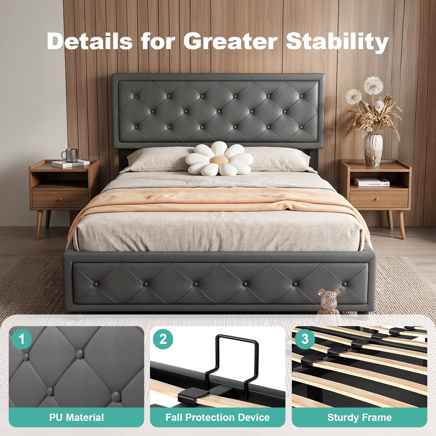 OYAJIA 140 × 200cm Upholstered Storage Bed with Hydraulic Lift and Headboard