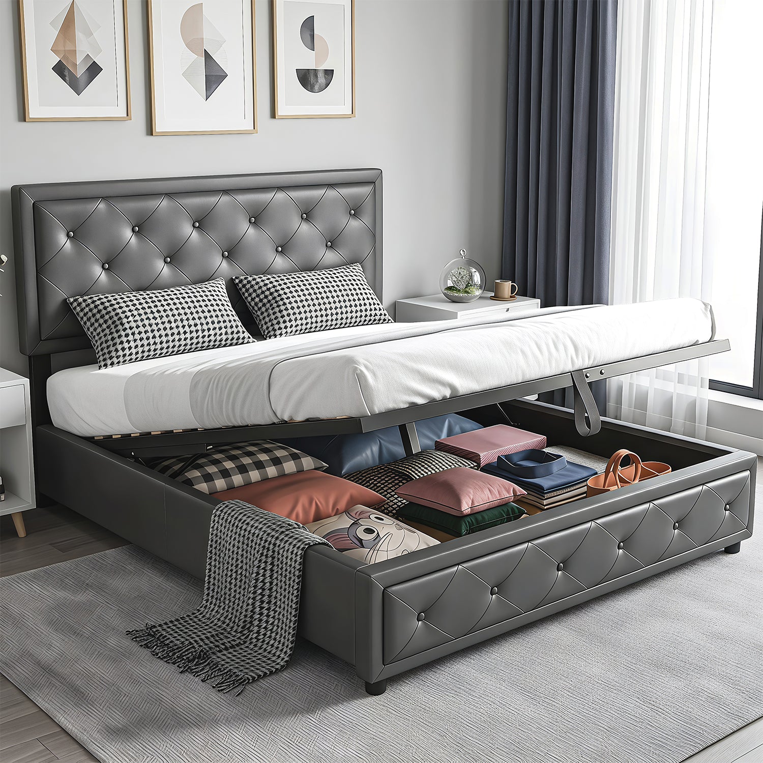 OYAJIA 140 × 200cm Upholstered Storage Bed with Hydraulic Lift and Headboard