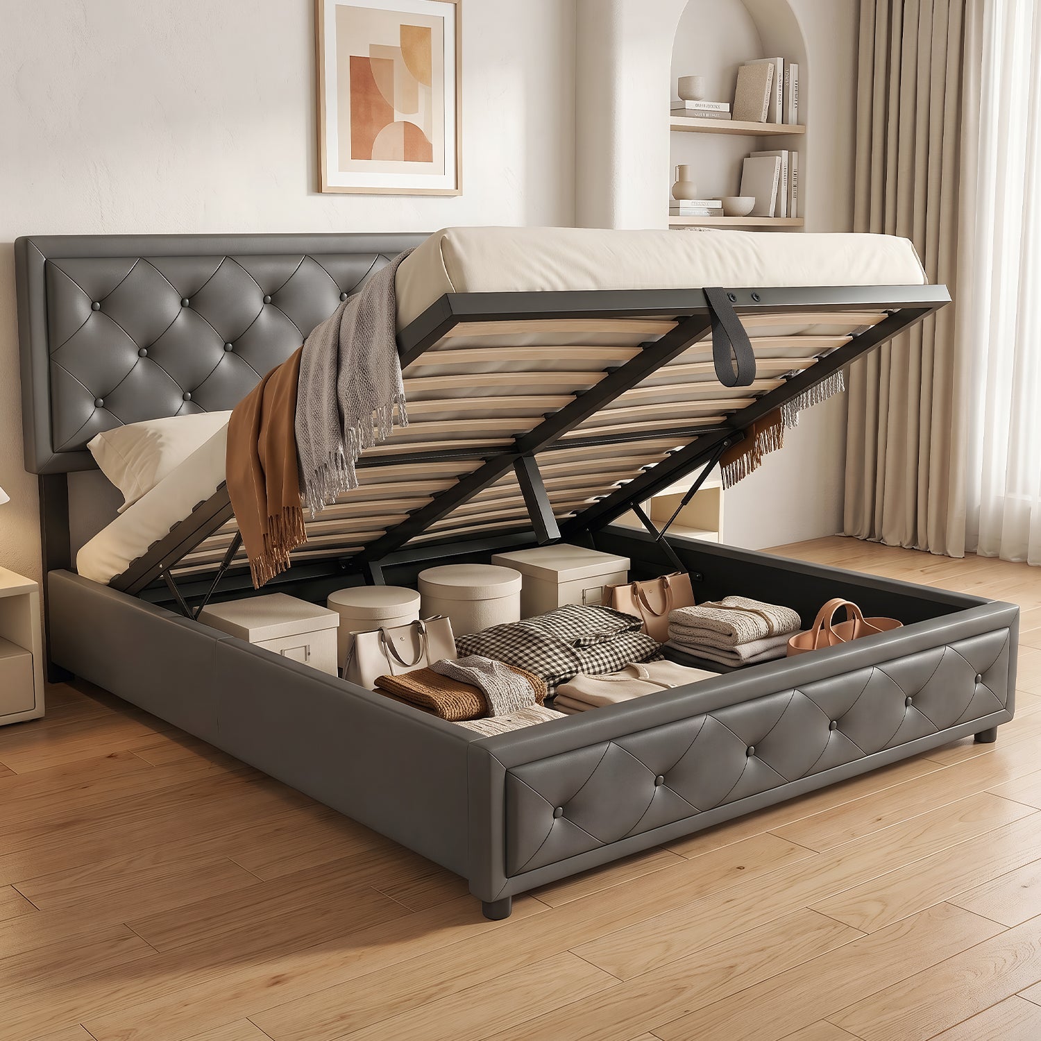 OYAJIA 140 × 200cm Upholstered Storage Bed with Hydraulic Lift and Headboard