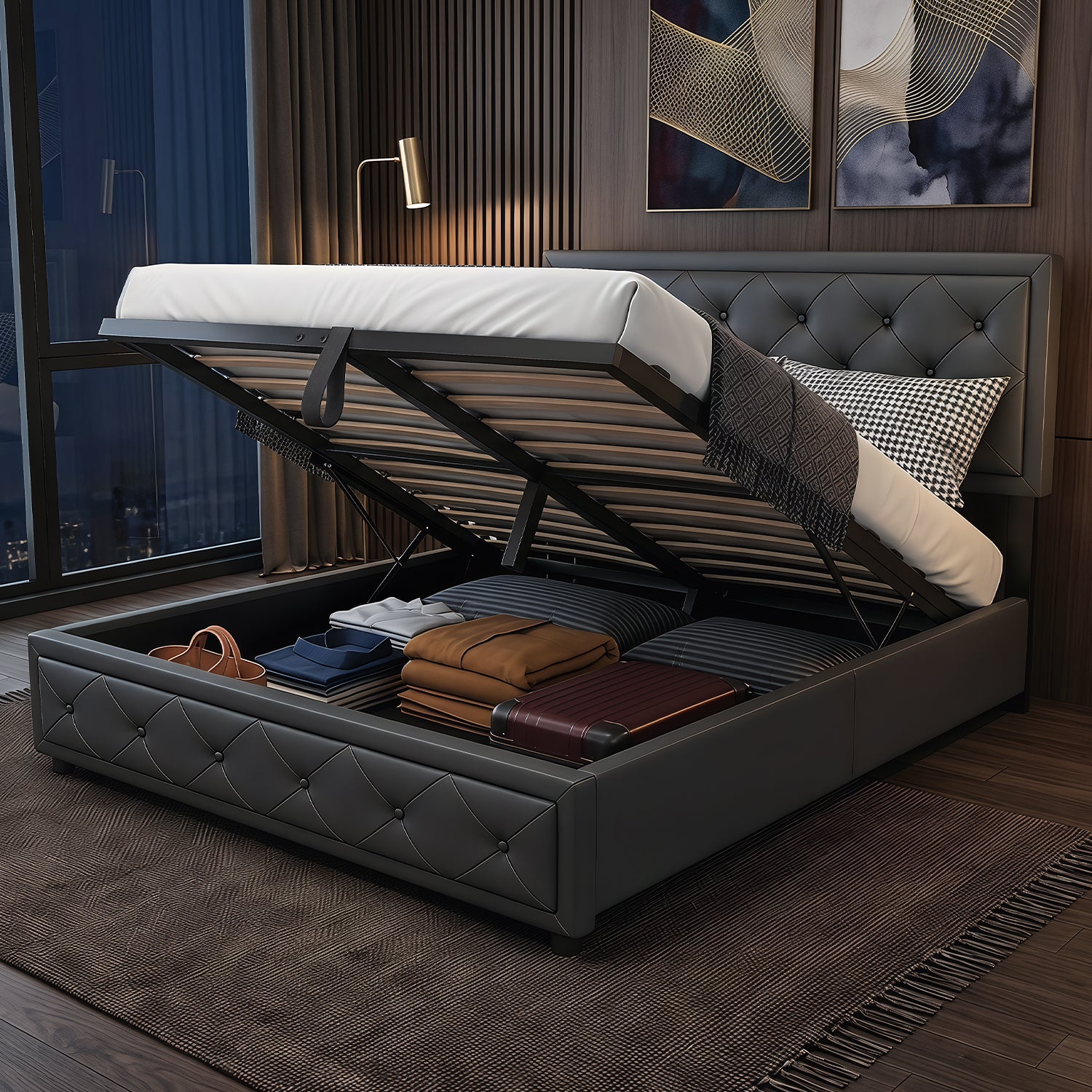 OYAJIA 140 × 200cm Upholstered Storage Bed with Hydraulic Lift and Headboard