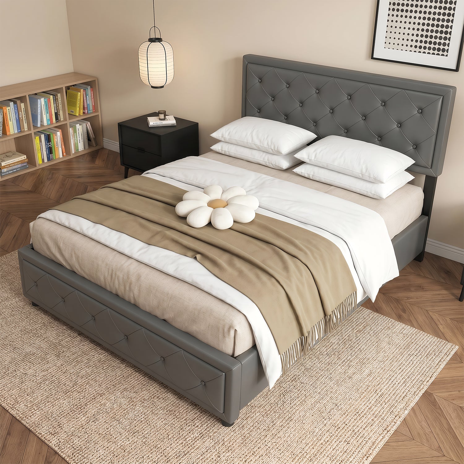 OYAJIA 140 × 200cm Upholstered Storage Bed with Hydraulic Lift and Headboard