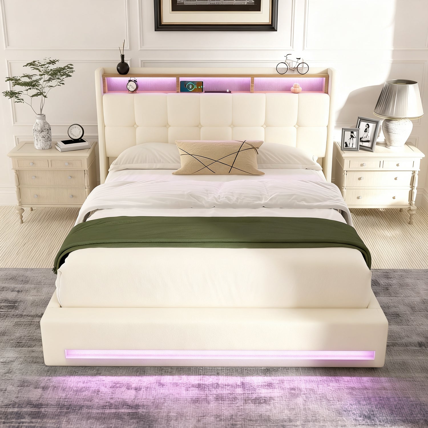 OYAJIA Upholstered Platform Bed Frame with LED Light, Storage and Charging