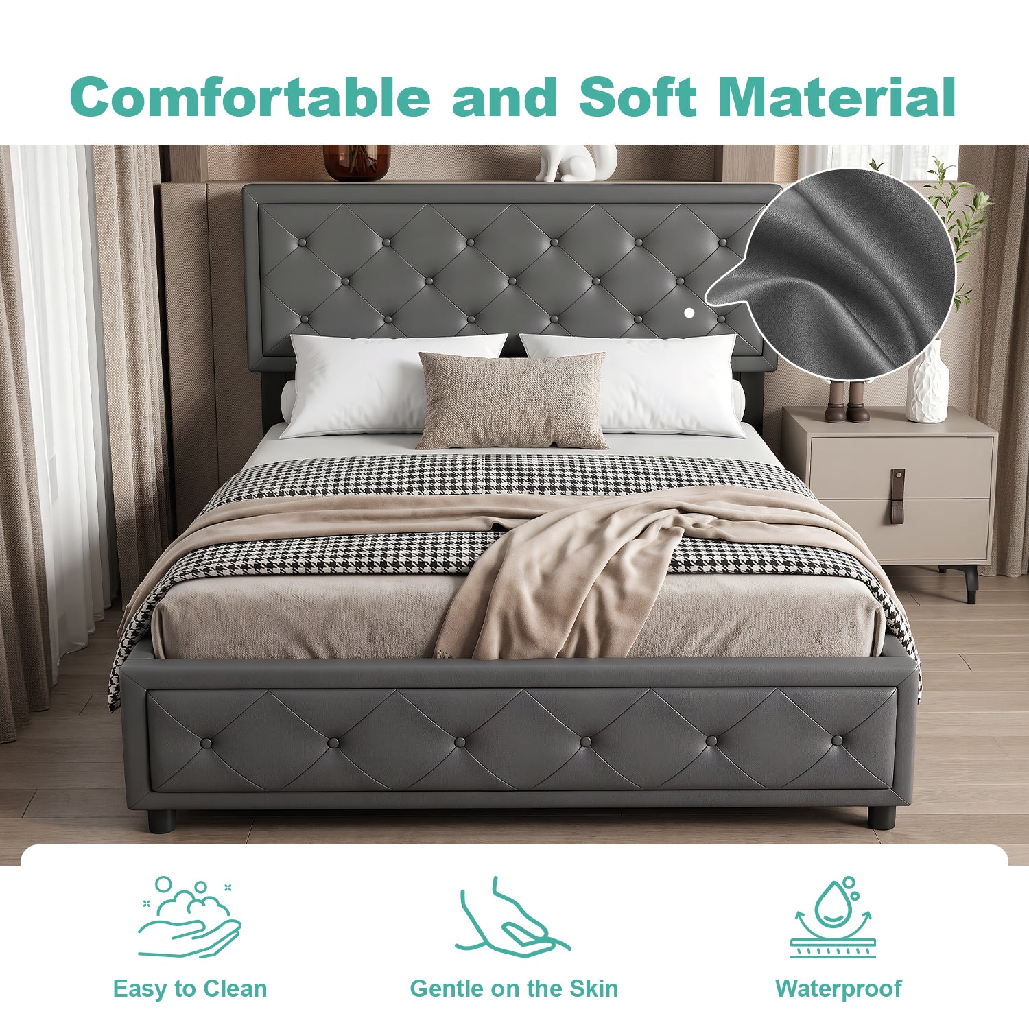 OYAJIA 140 × 200cm Upholstered Storage Bed with Hydraulic Lift and Headboard