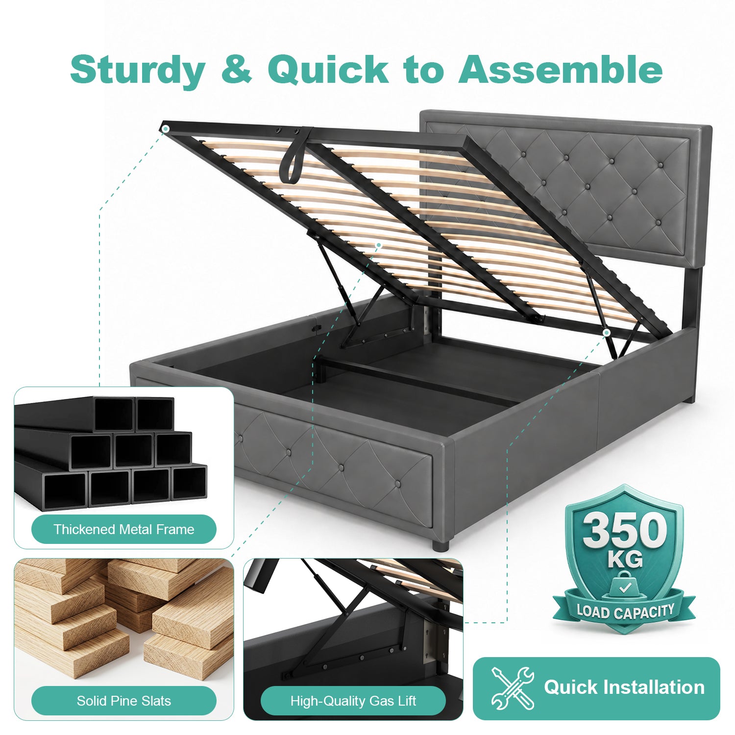 OYAJIA 140 × 200cm Upholstered Storage Bed with Hydraulic Lift and Headboard