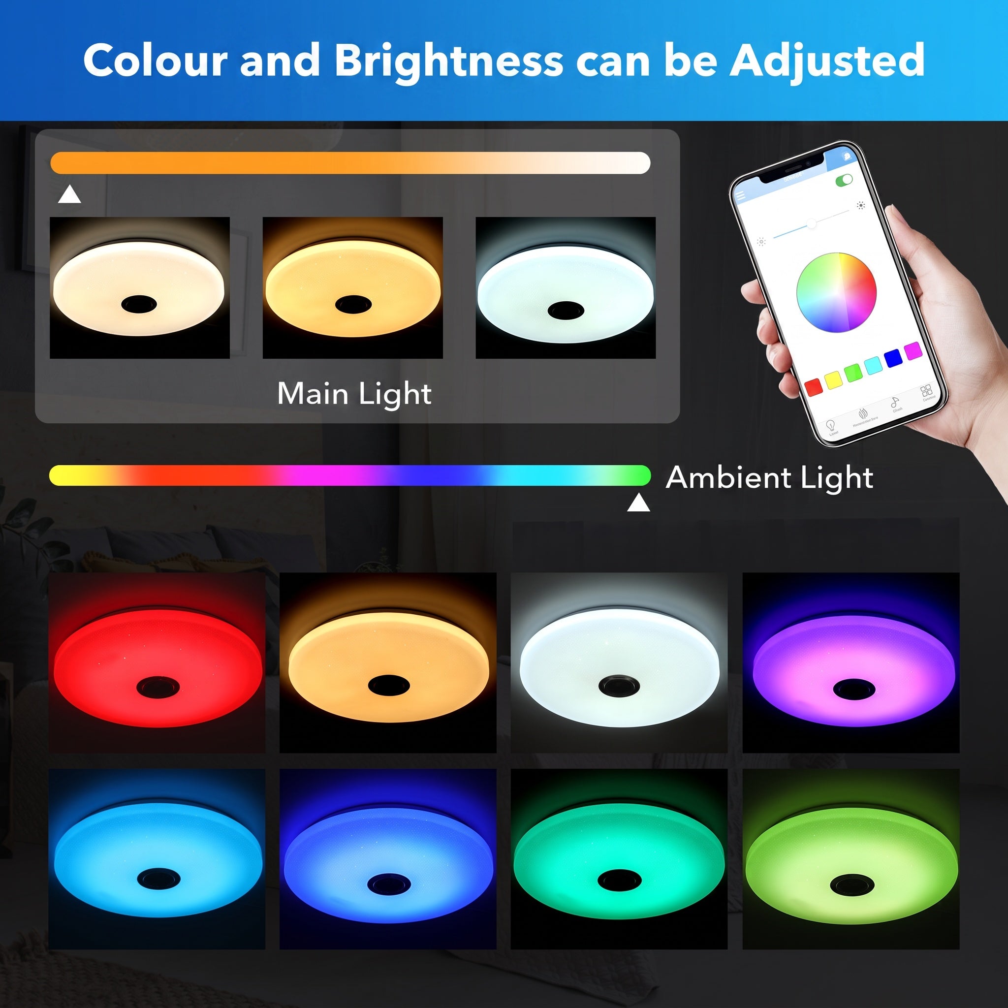 OYAJIA 60W LED Ceiling Light with Bluetooth Speaker, RGB, App and Remote Control