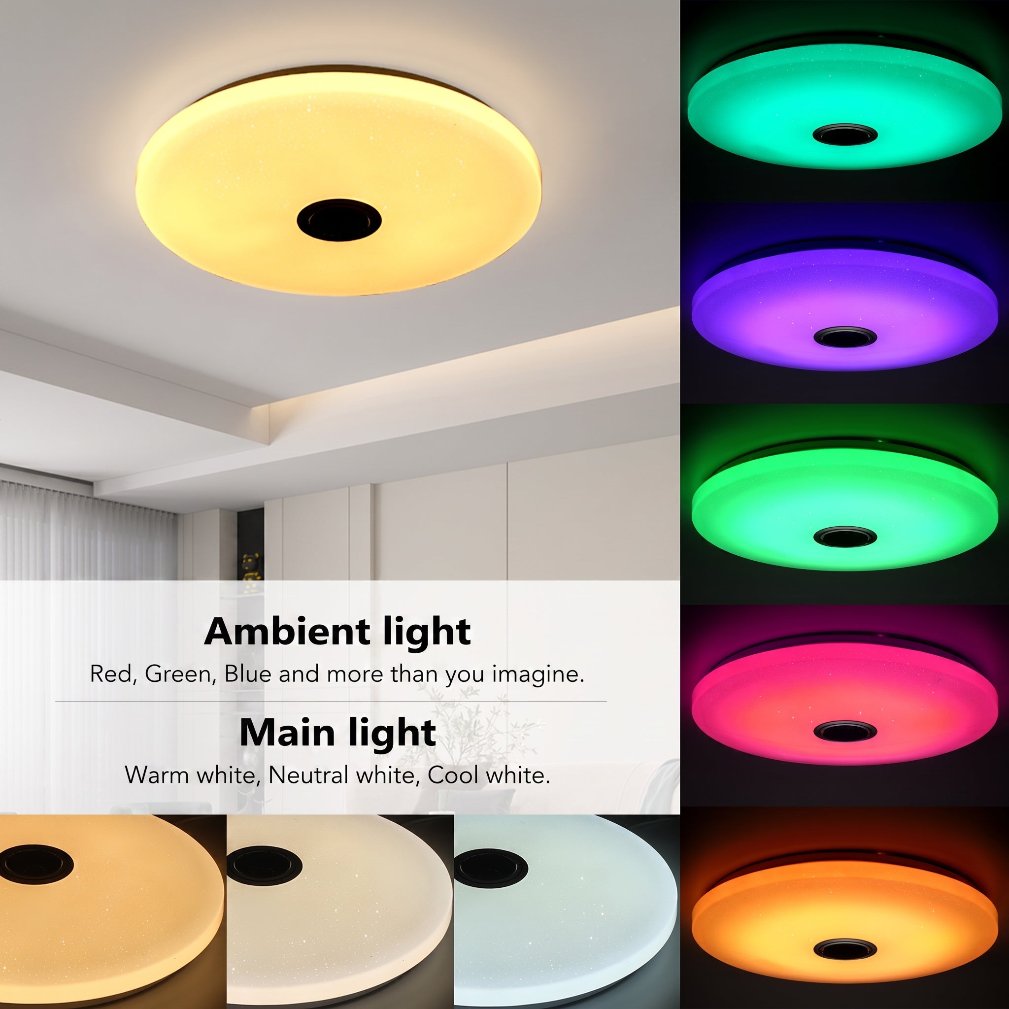 OYAJIA 60W LED Ceiling Light with Bluetooth Speaker, RGB, App and Remote Control