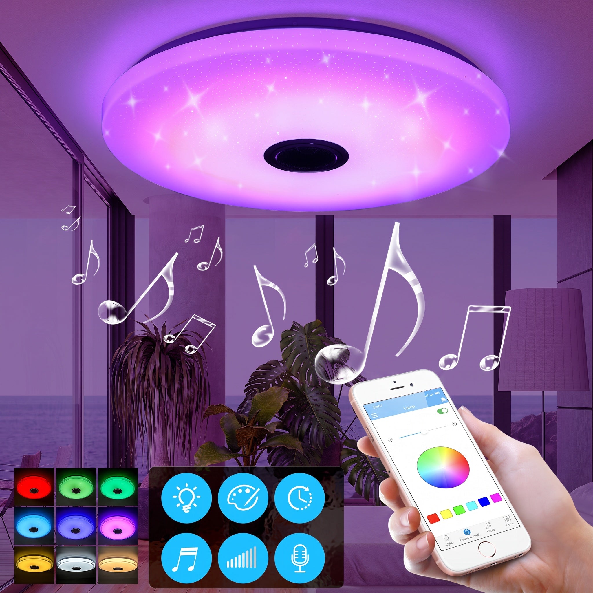 OYAJIA 60W LED Ceiling Light with Bluetooth Speaker, RGB, App and Remote Control