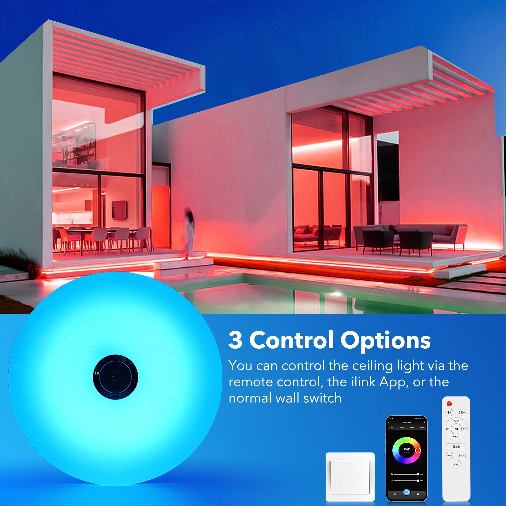 OYAJIA 60W LED Ceiling Light with Bluetooth Speaker, RGB, App and Remote Control