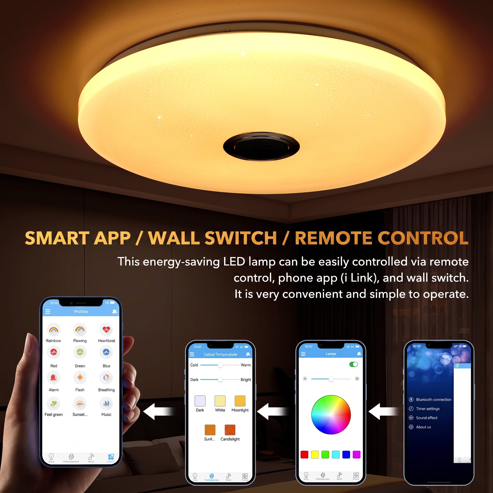 OYAJIA 60W LED Ceiling Light with Bluetooth Speaker, RGB, App and Remote Control