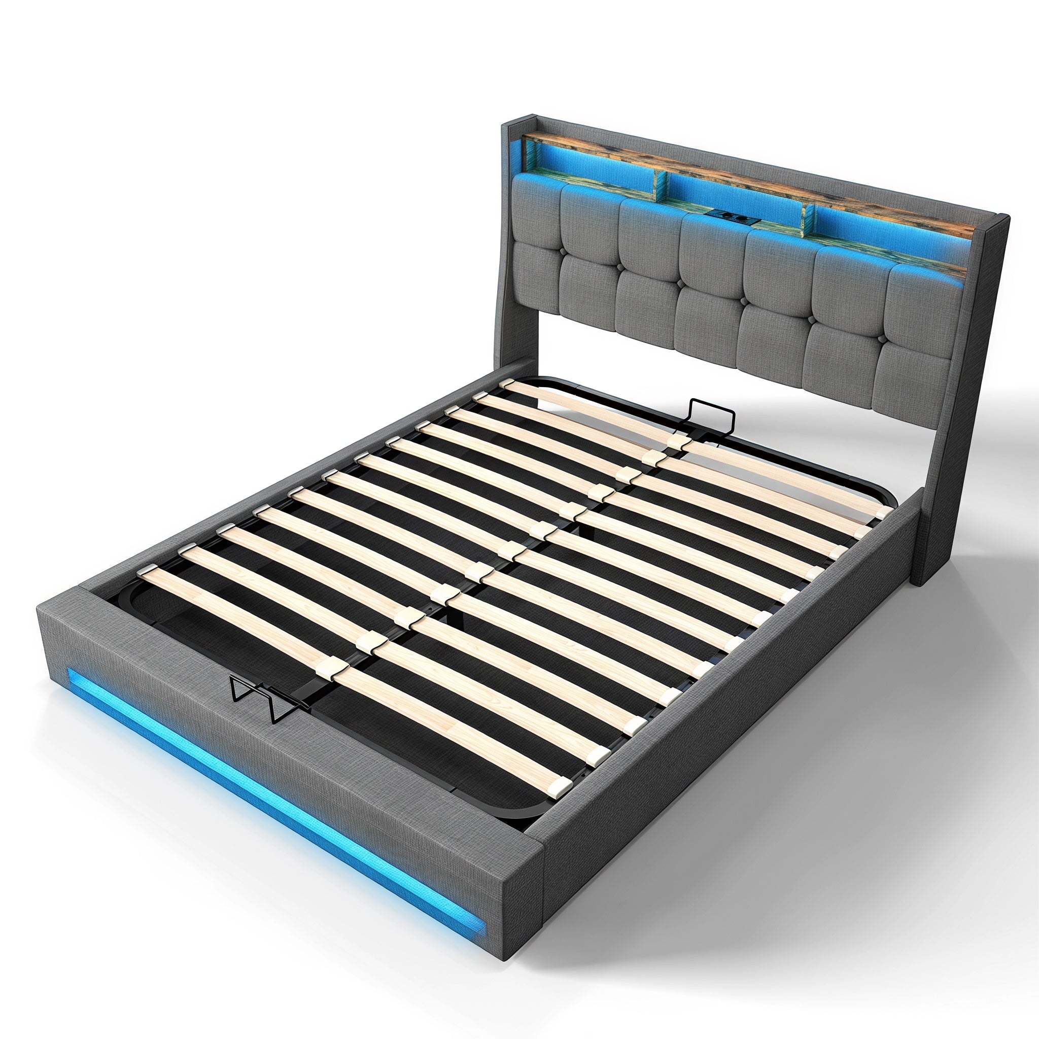 OYAJIA Upholstered Platform Bed Frame with LED Light, Storage and Charging