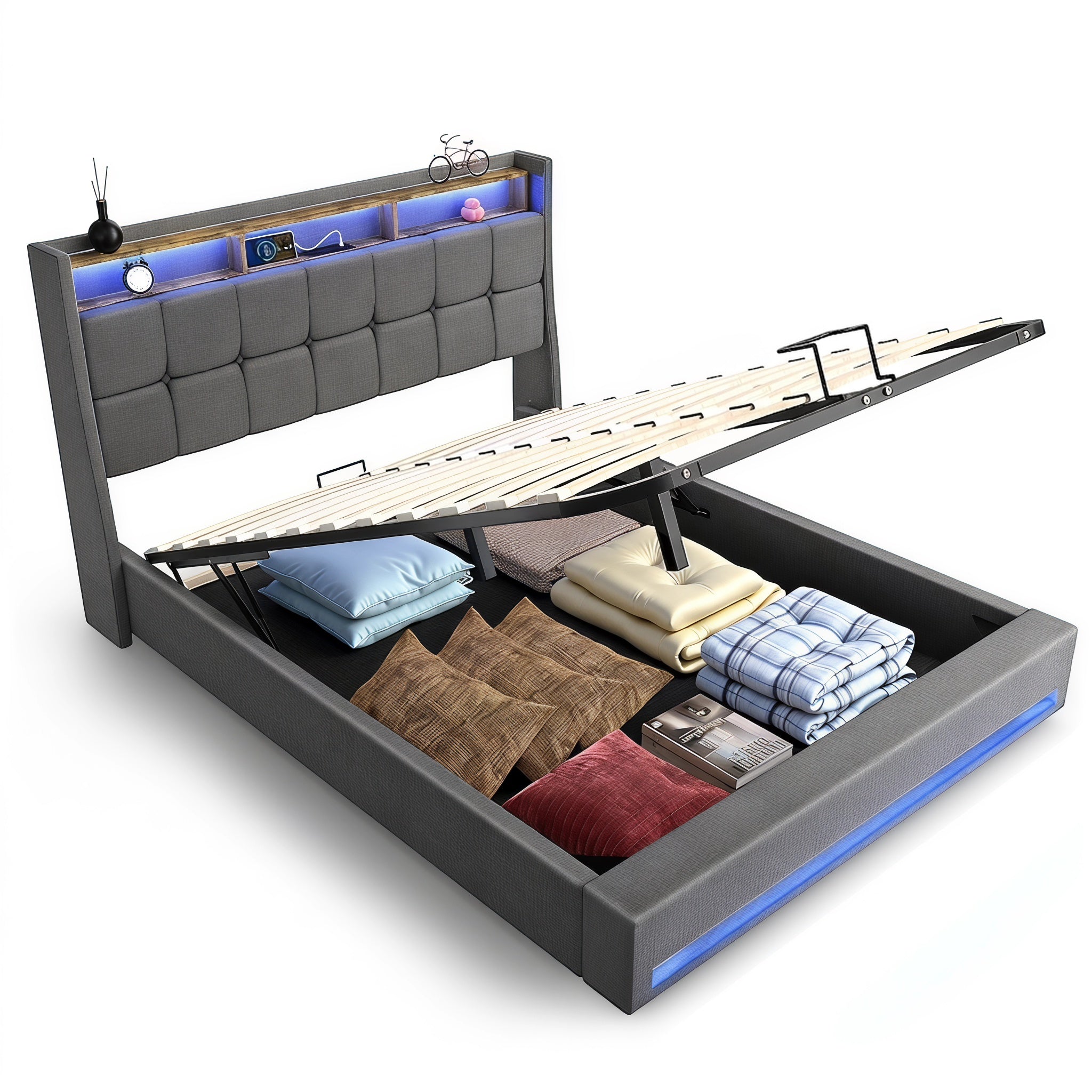 OYAJIA Upholstered Platform Bed Frame with LED Light, Storage and Charging