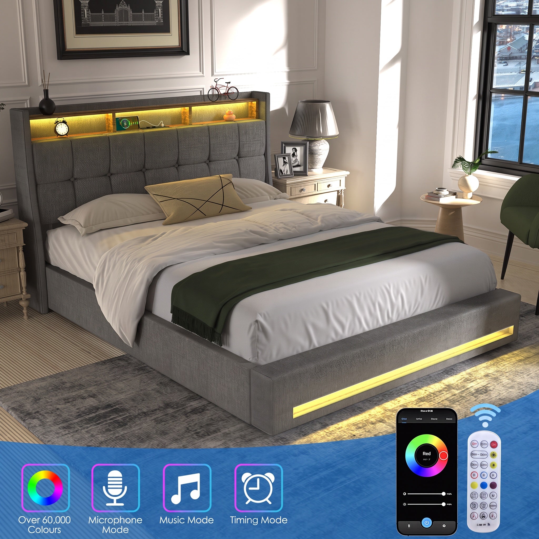 OYAJIA Upholstered Platform Bed Frame with LED Light, Storage and Charging