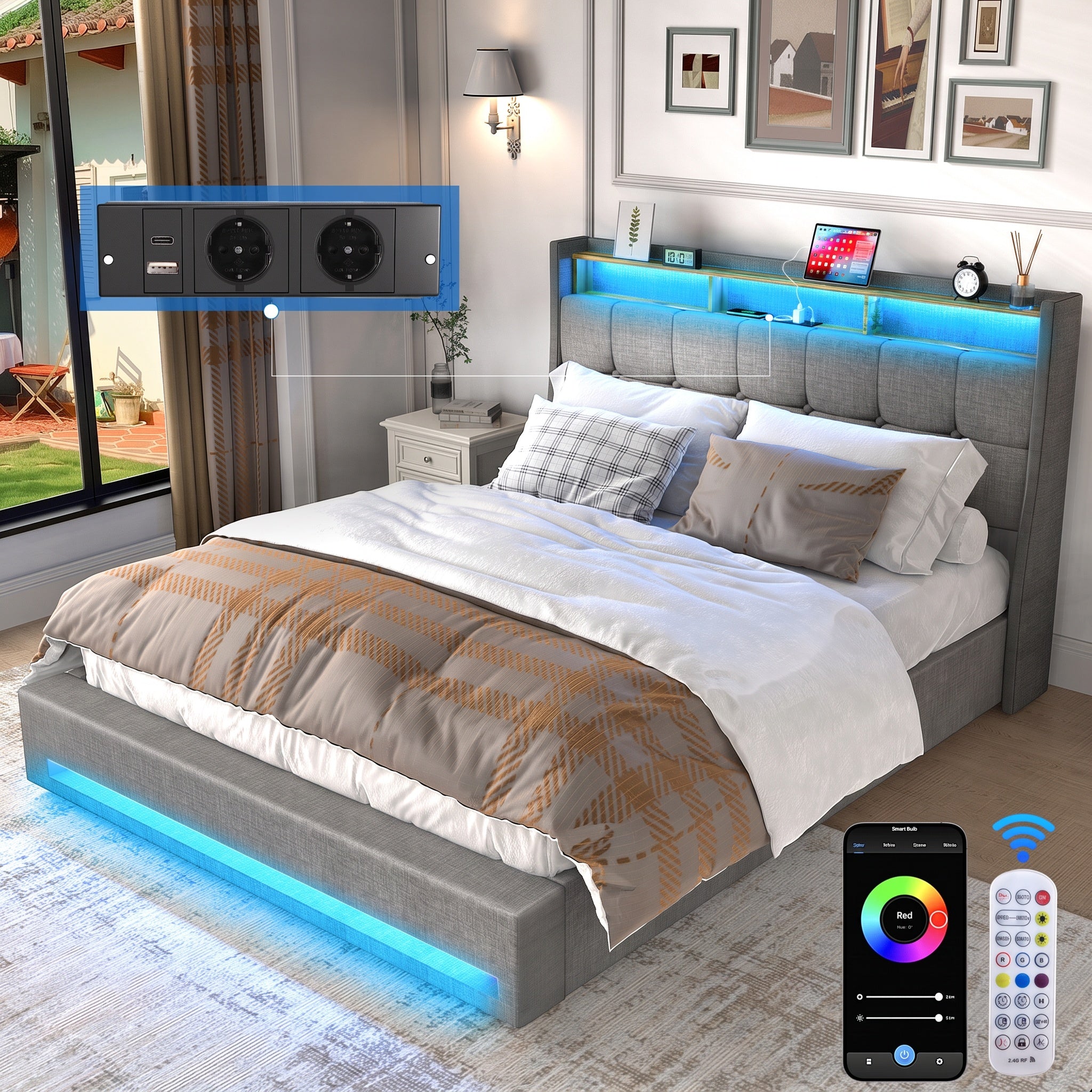 OYAJIA Upholstered Platform Bed Frame with LED Light, Storage and Charging