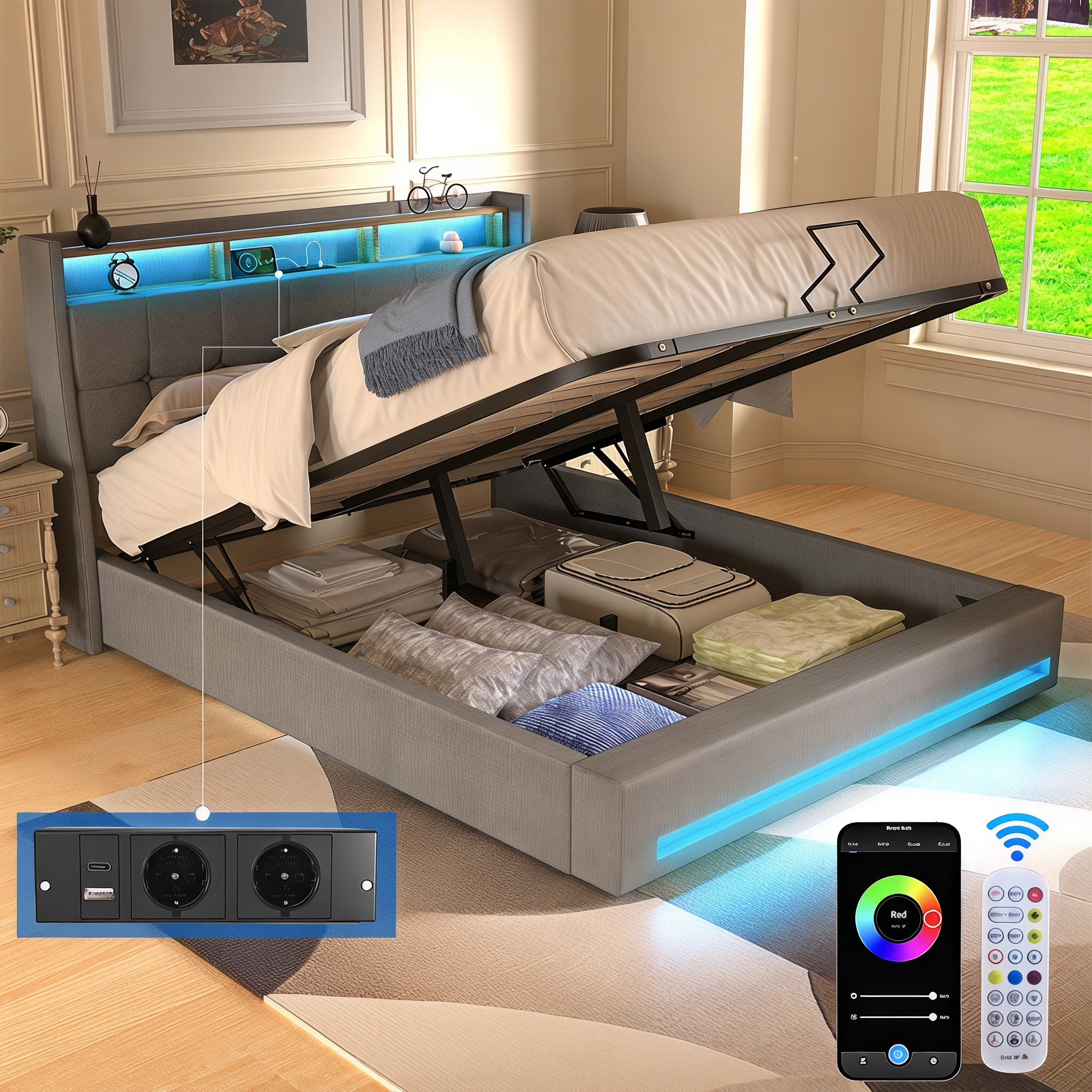 OYAJIA Upholstered Platform Bed Frame with LED Light, Storage and Charging