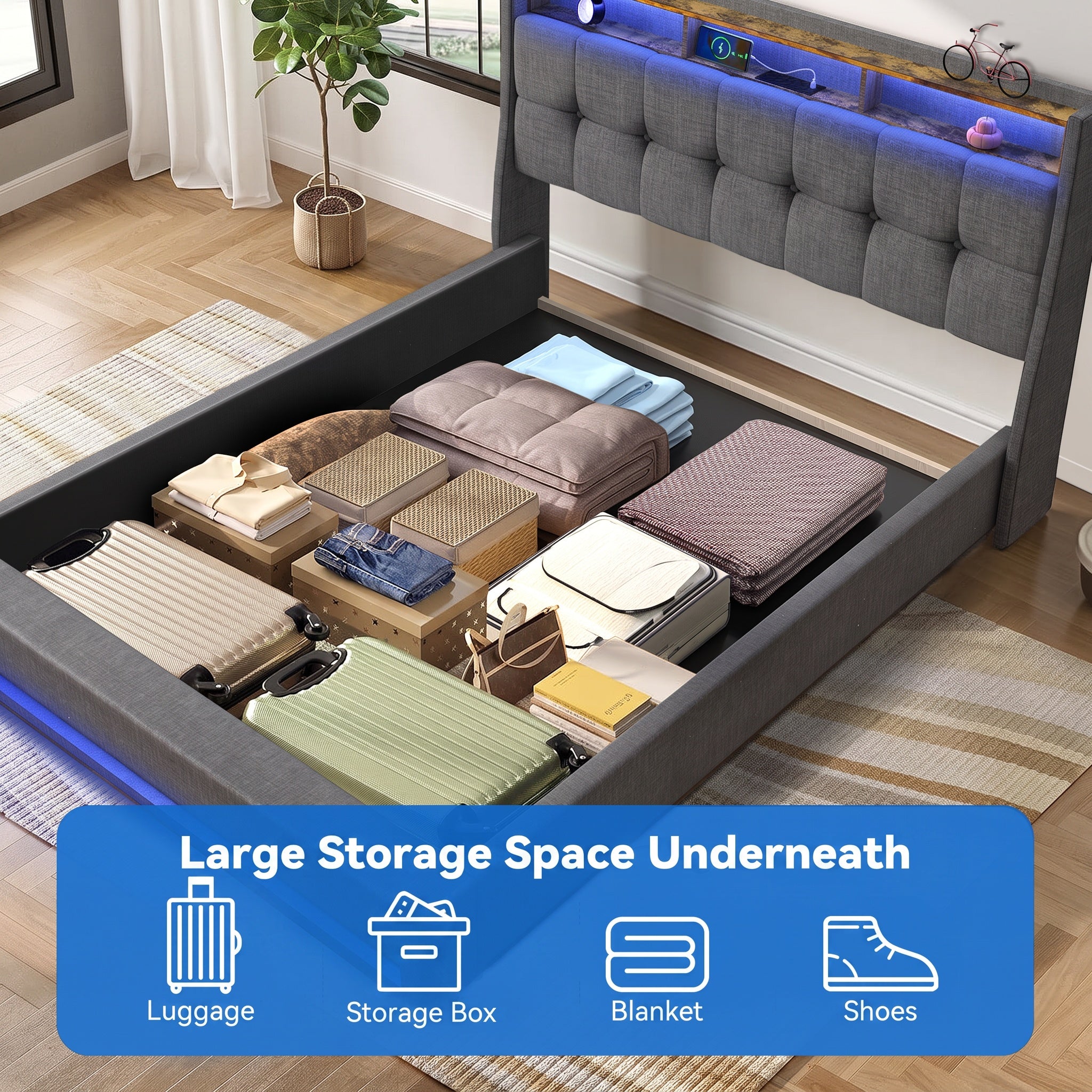 OYAJIA Upholstered Platform Bed Frame with LED Light, Storage and Charging