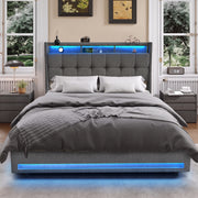 OYAJIA Upholstered Platform Bed Frame with LED Light, Storage and Charging