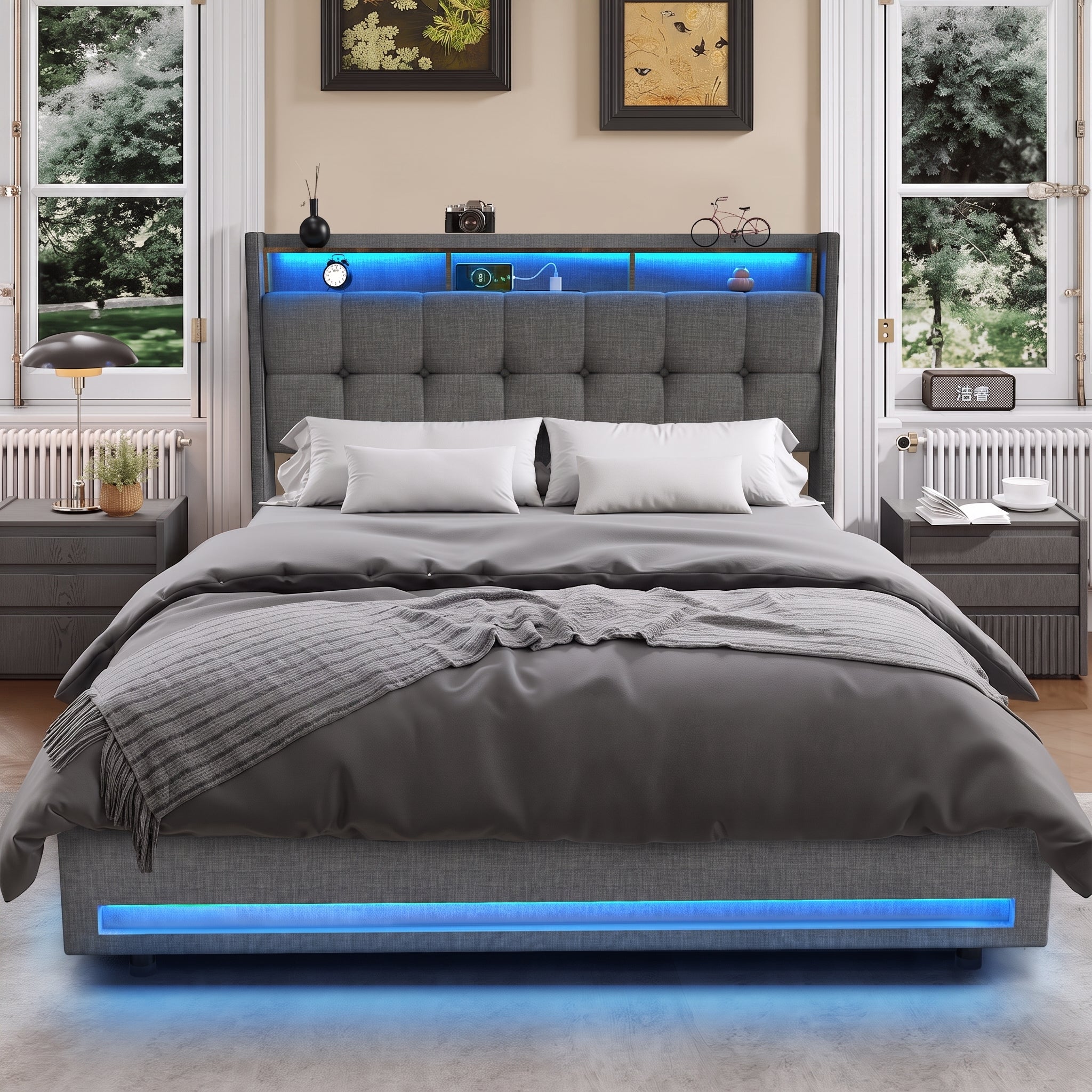 OYAJIA Upholstered Platform Bed Frame with LED Light, Storage and Charging