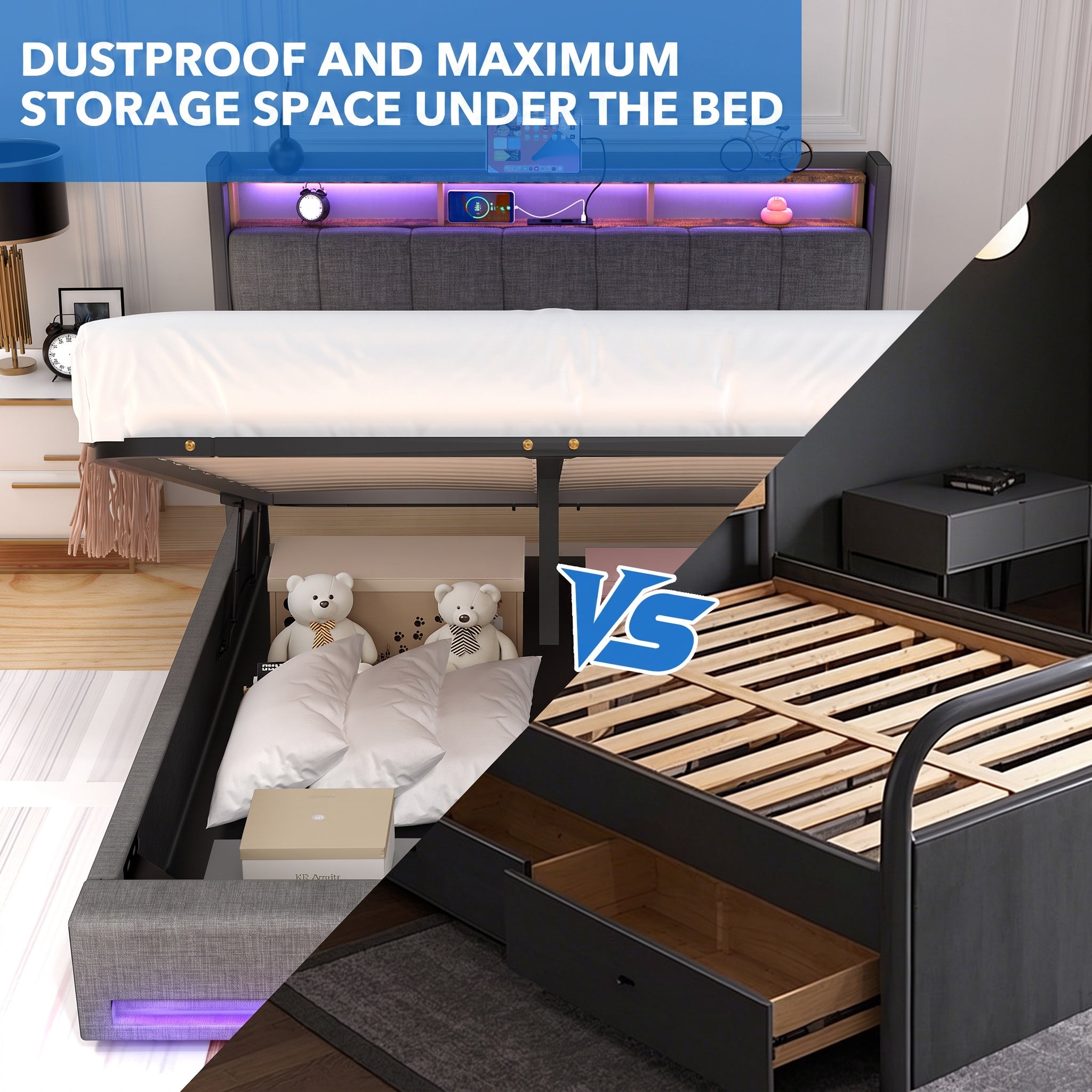 OYAJIA Upholstered Platform Bed Frame with LED Light, Storage and Charging
