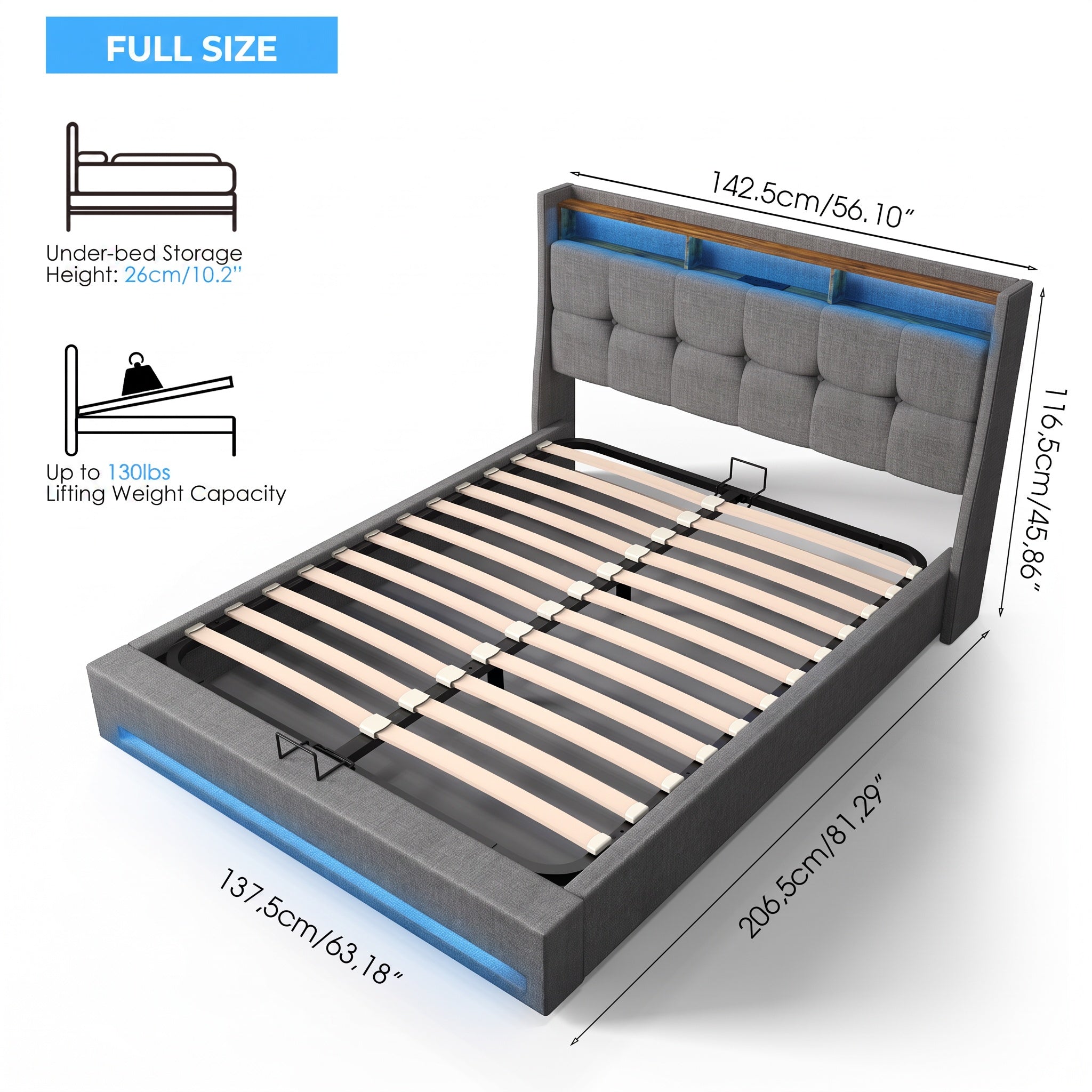 OYAJIA Upholstered Platform Bed Frame with LED Light, Storage and Charging