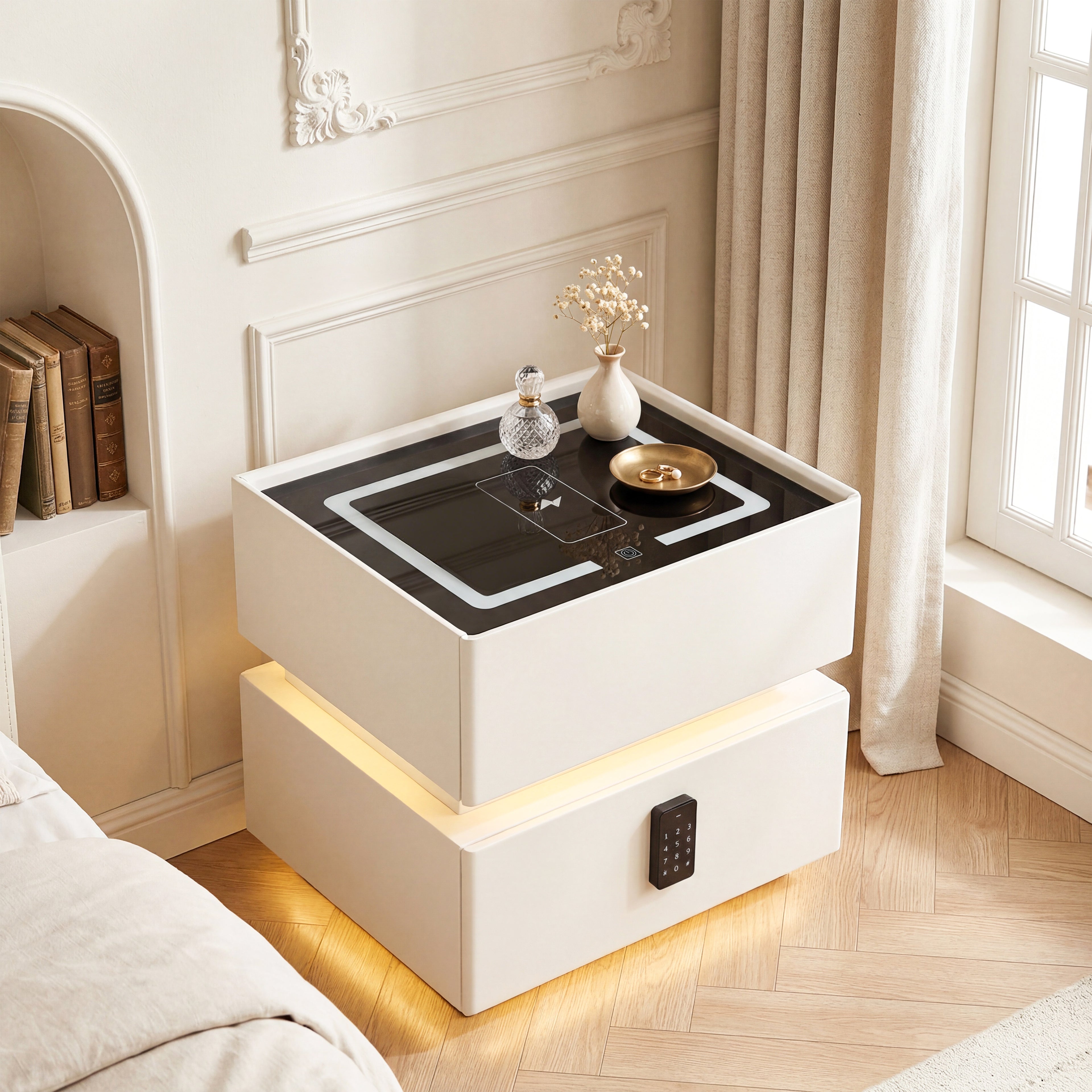 OYAJIA Modern Smart Nightstand with Password Lock, 15W Wireless Charging, USB-C and Two Drawers