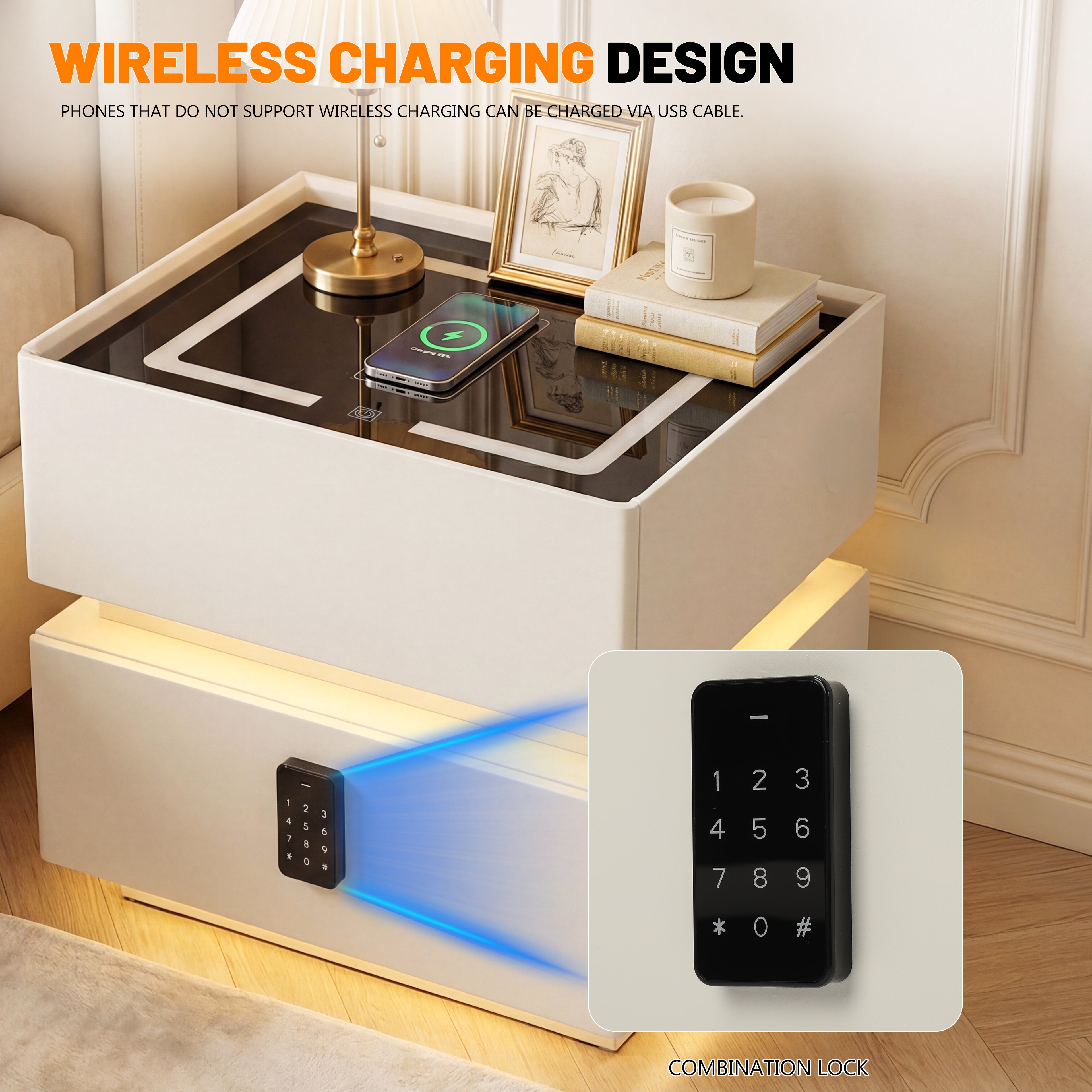 OYAJIA Modern Smart Nightstand with Password Lock, 15W Wireless Charging, USB-C and Two Drawers