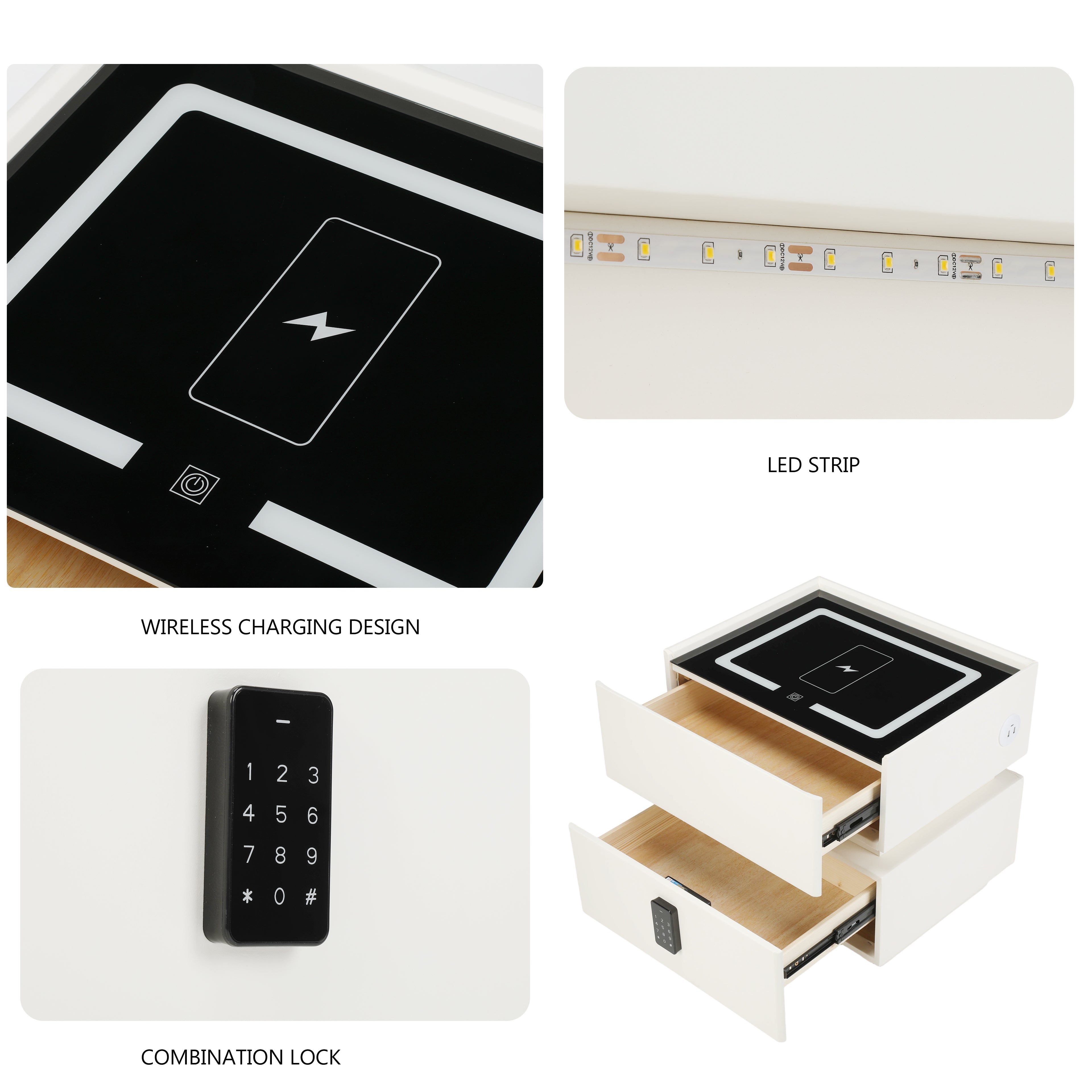 OYAJIA Modern Smart Nightstand with Password Lock, 15W Wireless Charging, USB-C and Two Drawers