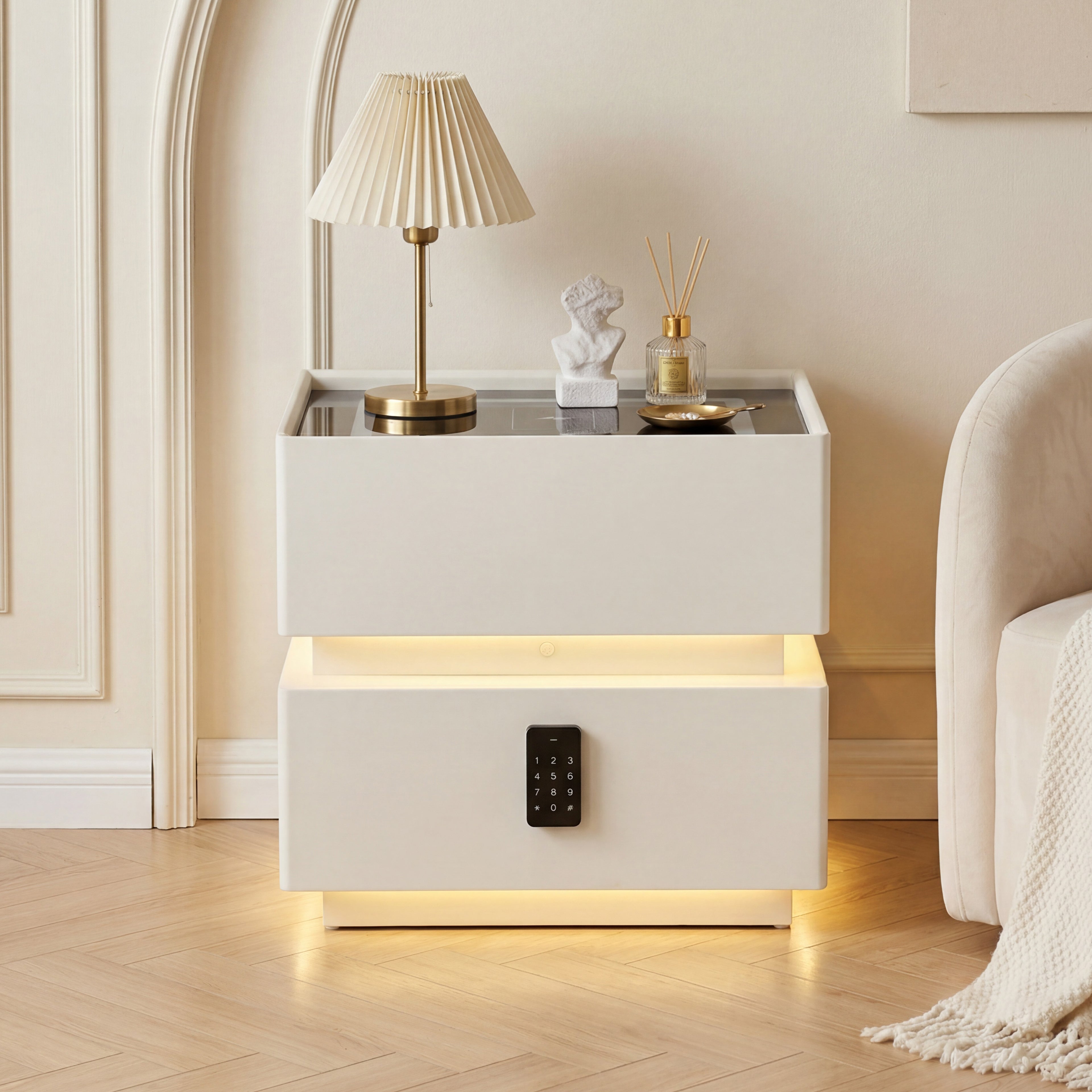 OYAJIA Modern Smart Nightstand with Password Lock, 15W Wireless Charging, USB-C and Two Drawers