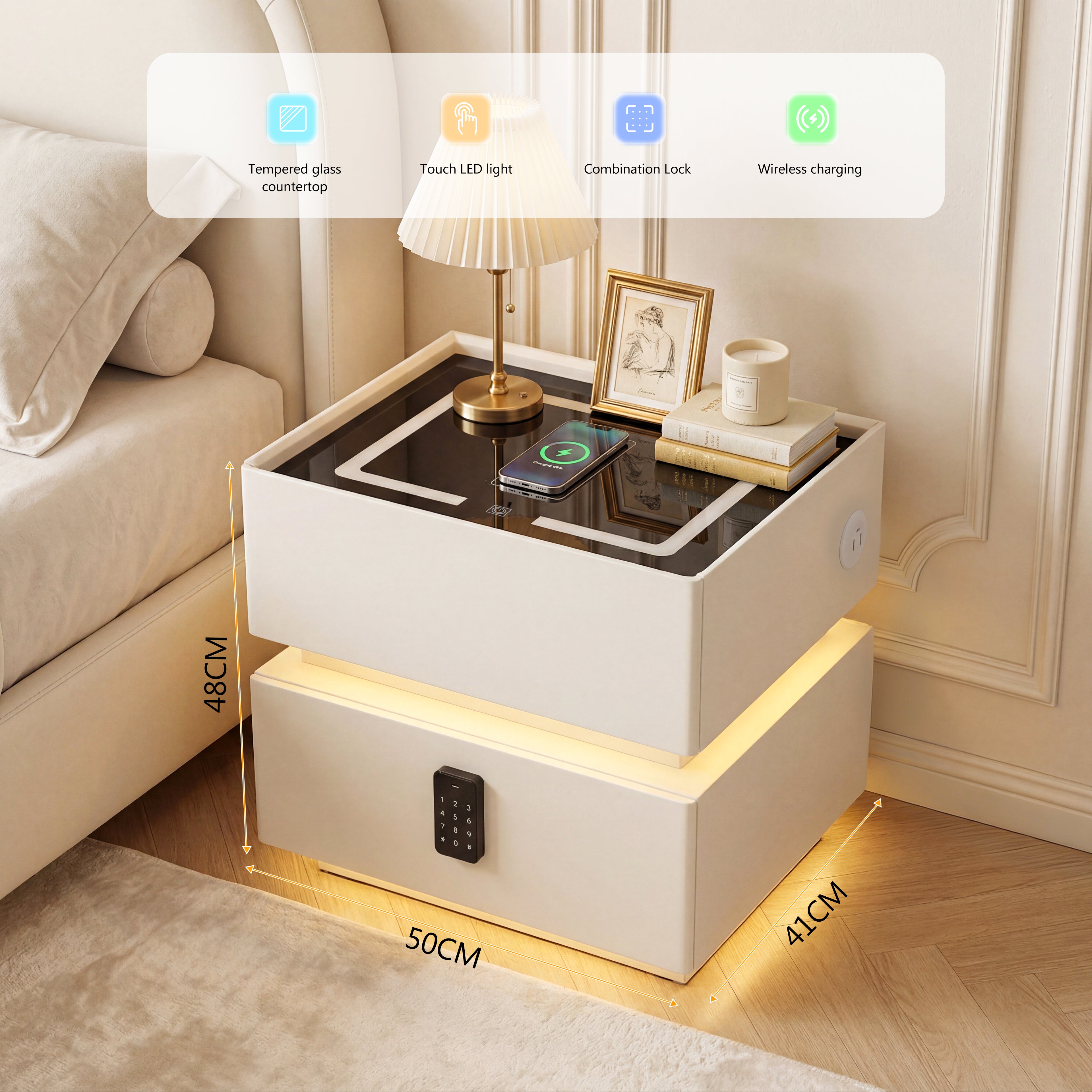 OYAJIA Modern Smart Nightstand with Password Lock, 15W Wireless Charging, USB-C and Two Drawers