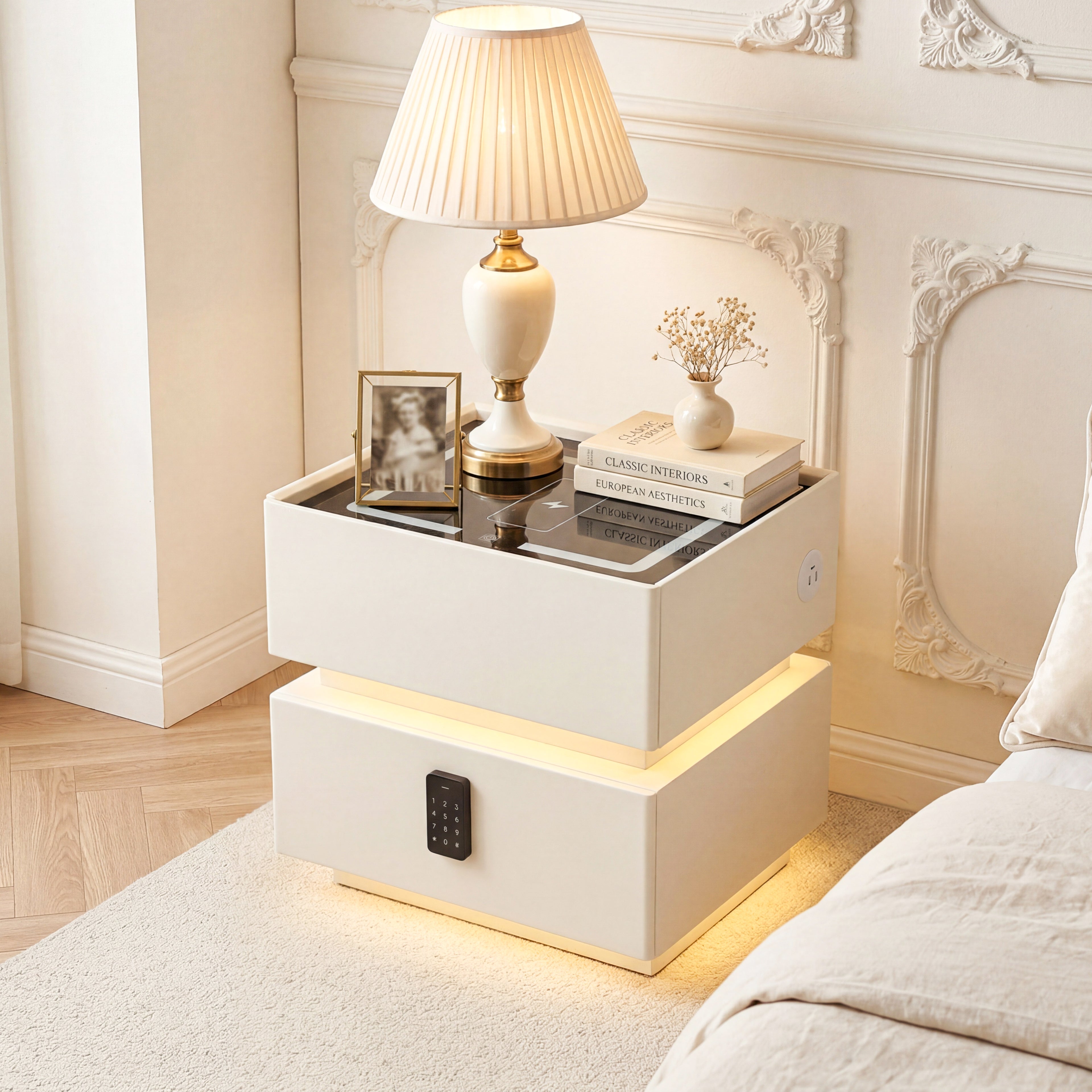 OYAJIA Modern Smart Nightstand with Password Lock, 15W Wireless Charging, USB-C and Two Drawers