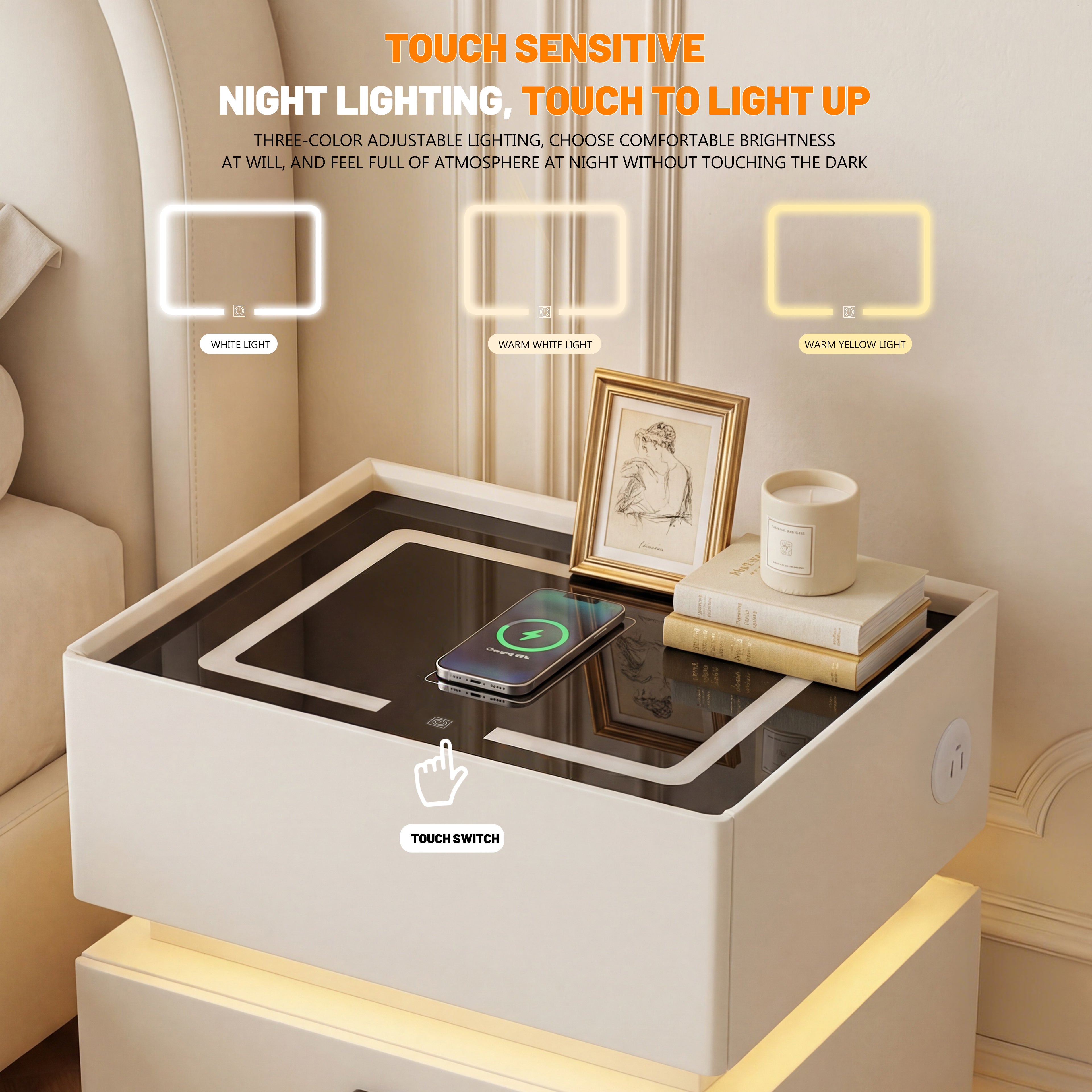 OYAJIA Modern Smart Nightstand with Password Lock, 15W Wireless Charging, USB-C and Two Drawers