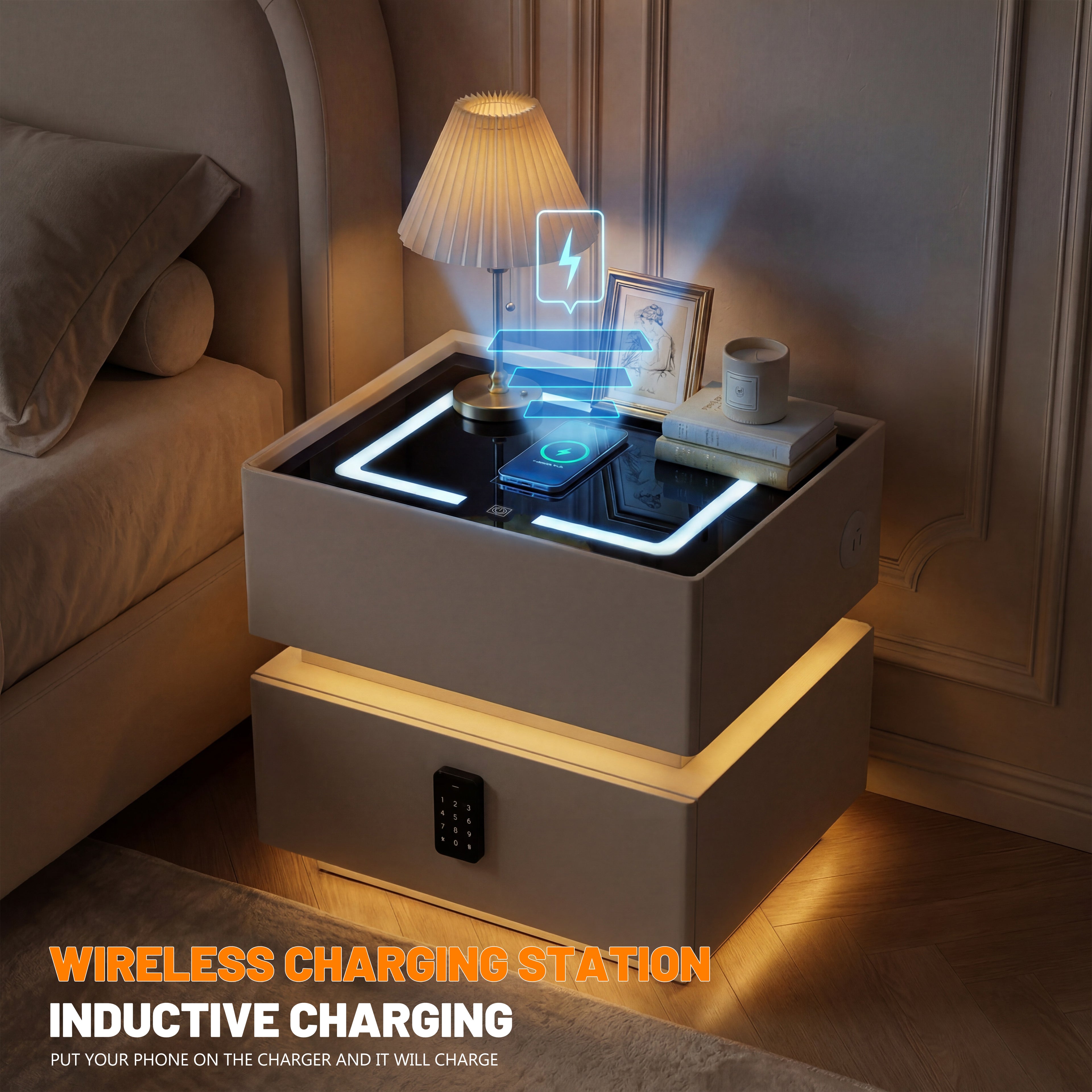 OYAJIA Modern Smart Nightstand with Password Lock, 15W Wireless Charging, USB-C and Two Drawers