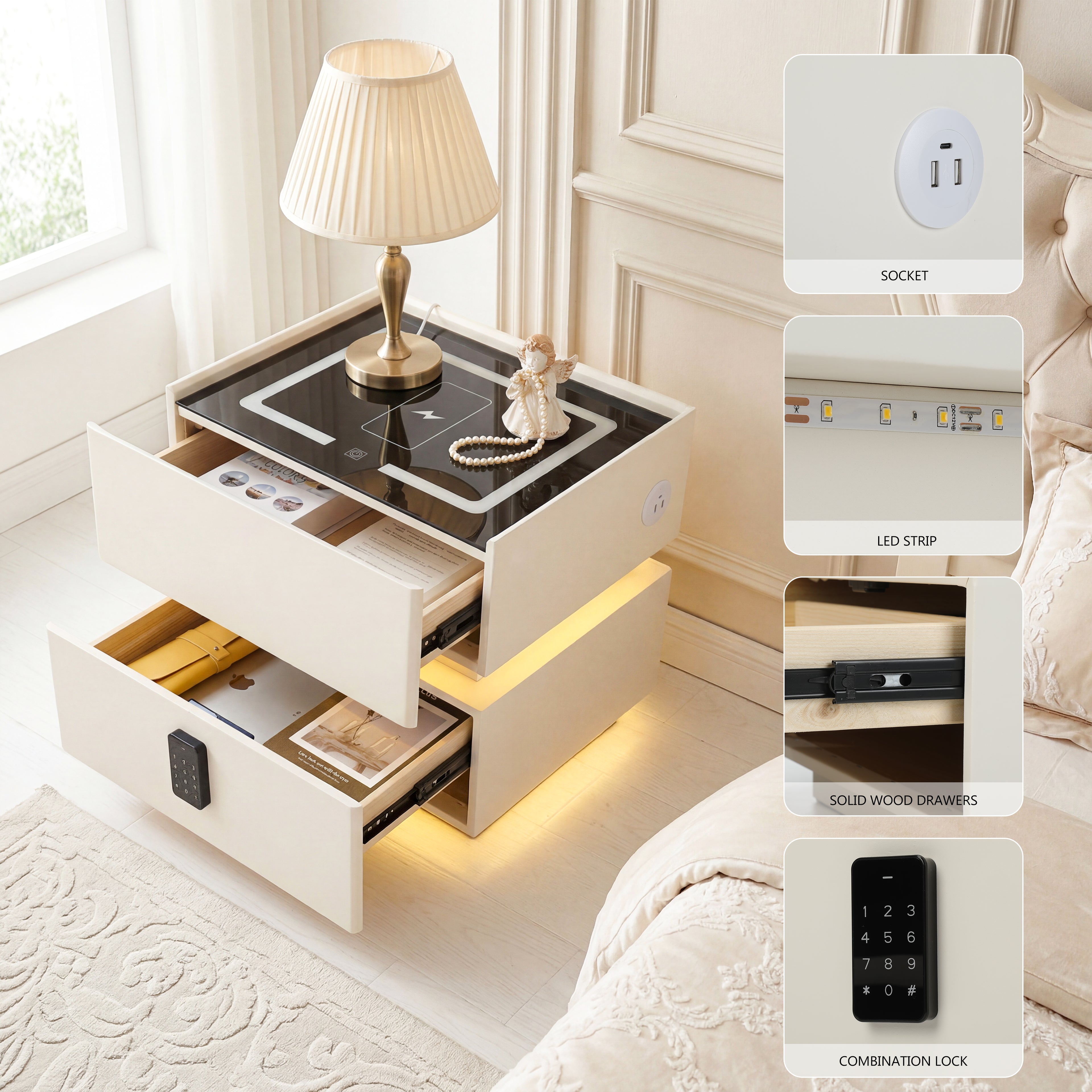 OYAJIA Modern Smart Nightstand with Password Lock, 15W Wireless Charging, USB-C and Two Drawers