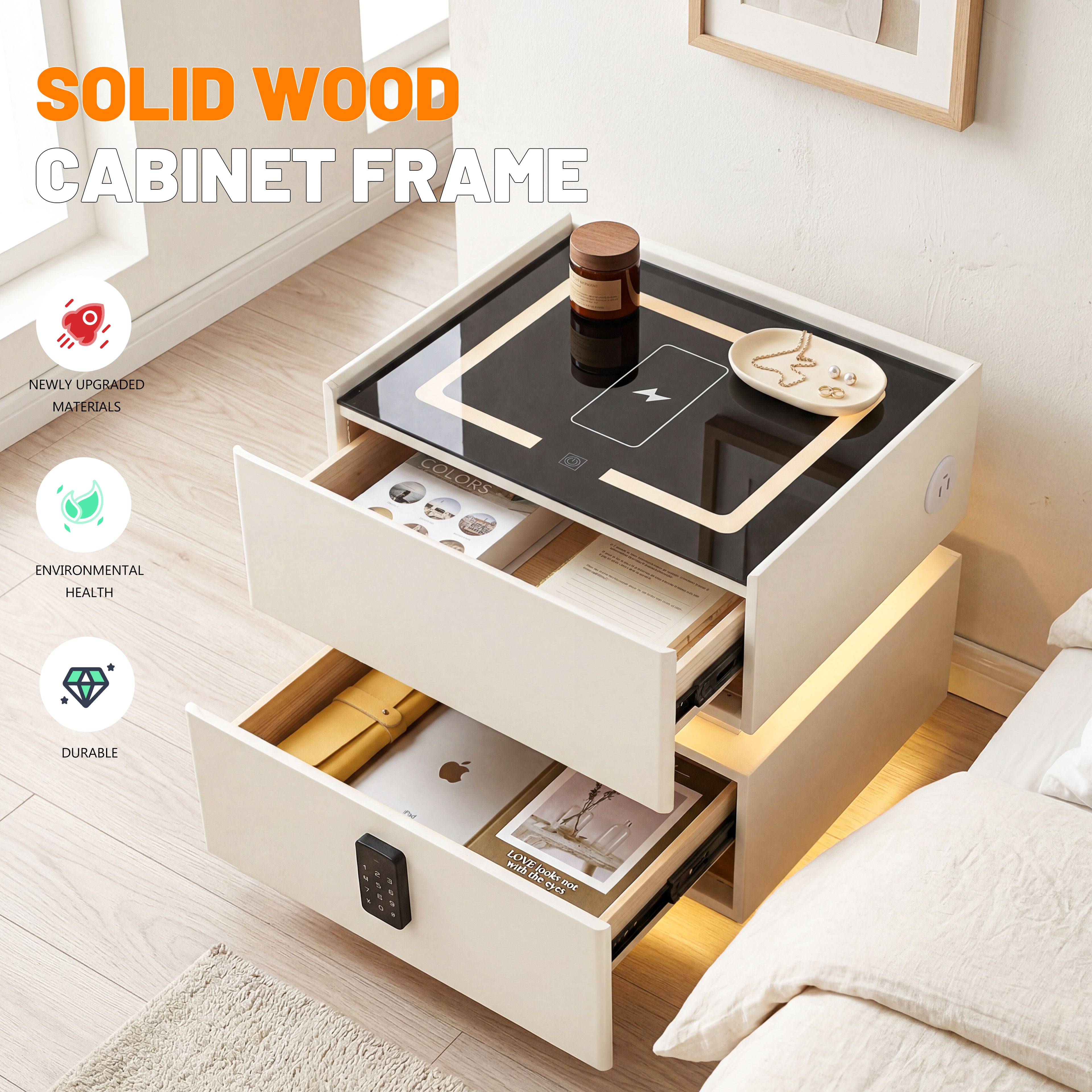 OYAJIA Modern Smart Nightstand with Password Lock, 15W Wireless Charging, USB-C and Two Drawers