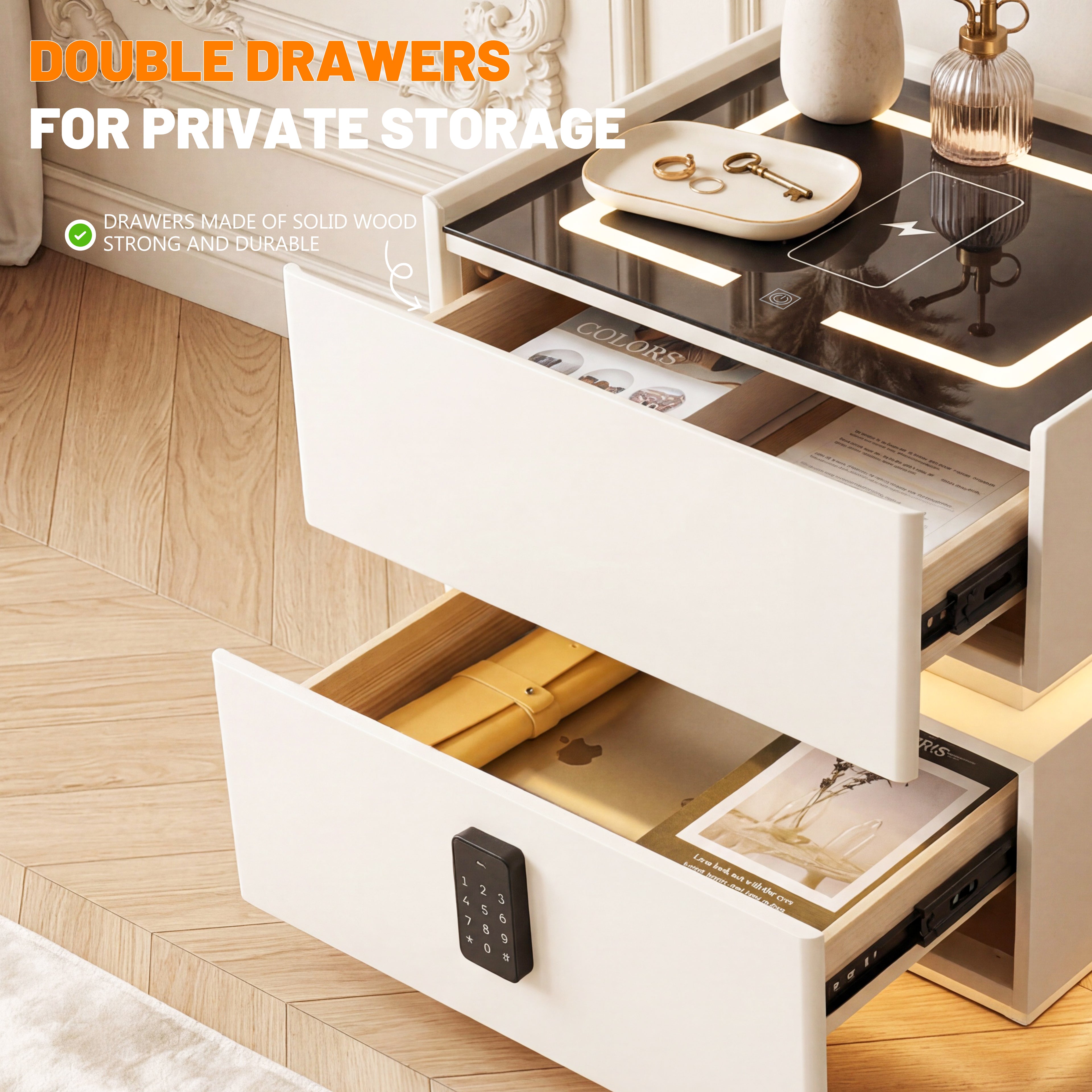 OYAJIA Modern Smart Nightstand with Password Lock, 15W Wireless Charging, USB-C and Two Drawers