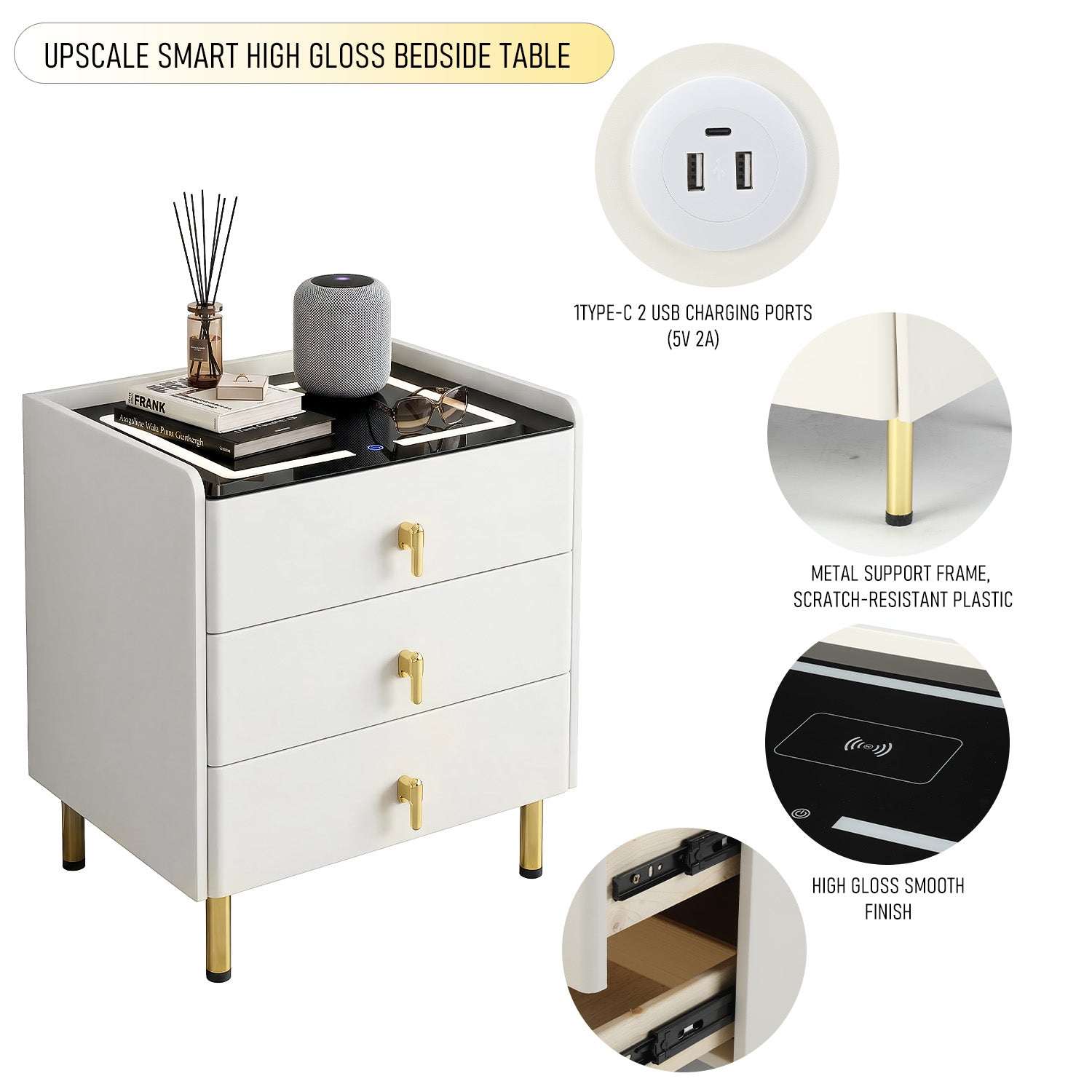 OYAJIA Smart Nightstand with 15W Wireless Charging and Touch LED Light