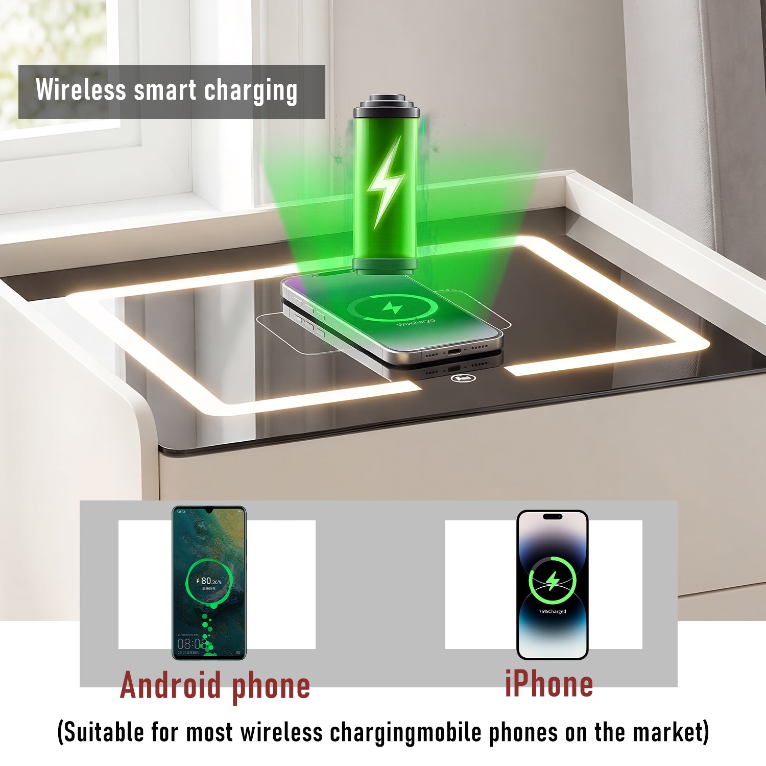 OYAJIA Smart Nightstand with 15W Wireless Charging and Touch LED Light