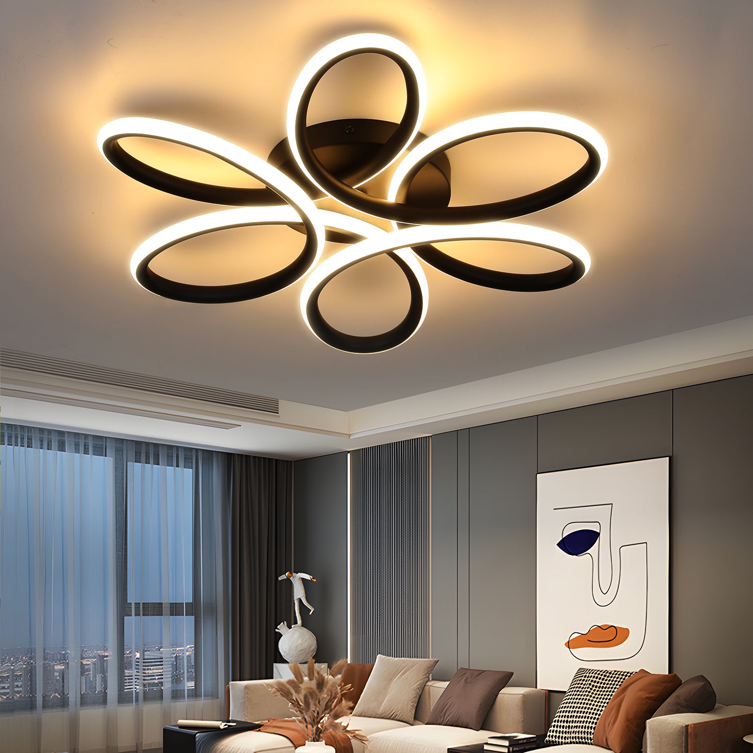 OYAJIA Modern Black Flower Ceiling Light, Integrated LED 3000K Warm White