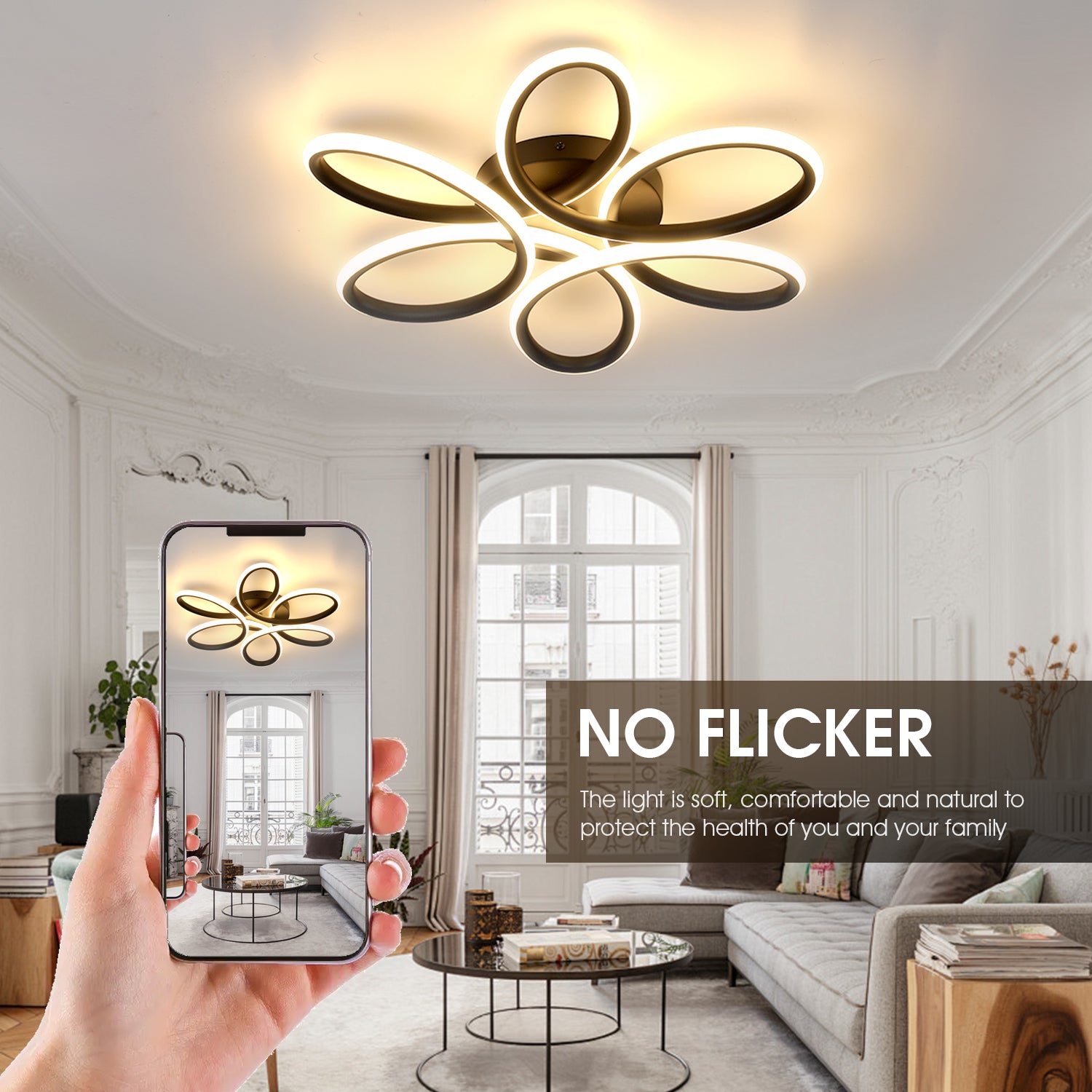 OYAJIA Modern Black Flower Ceiling Light, Integrated LED 3000K Warm White