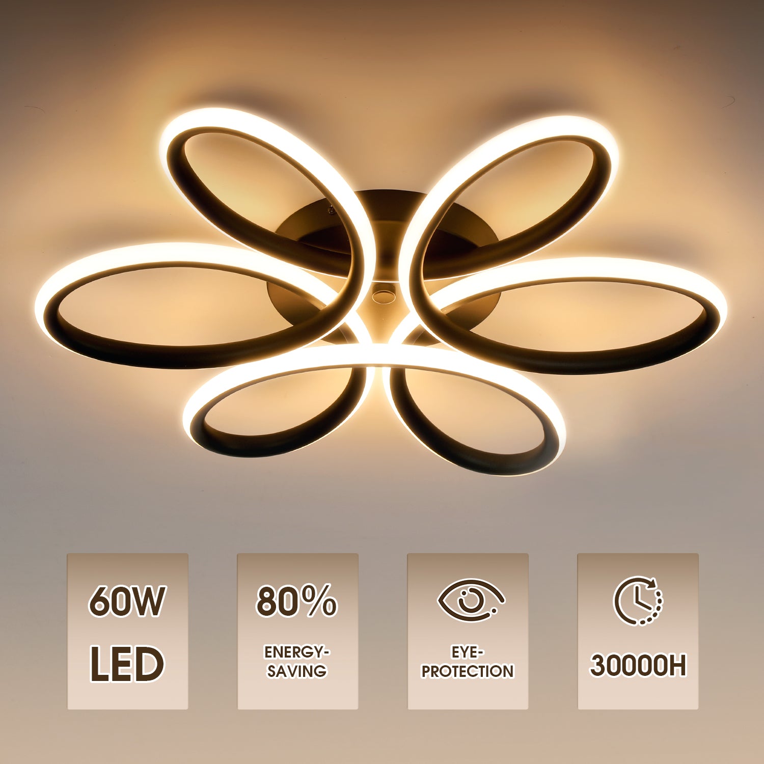 OYAJIA Modern Black Flower Ceiling Light, Integrated LED 3000K Warm White
