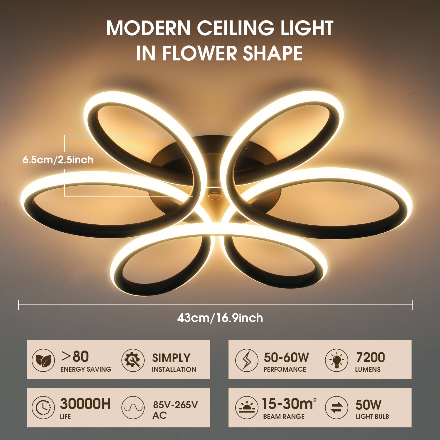 OYAJIA Modern Black Flower Ceiling Light, Integrated LED 3000K Warm White