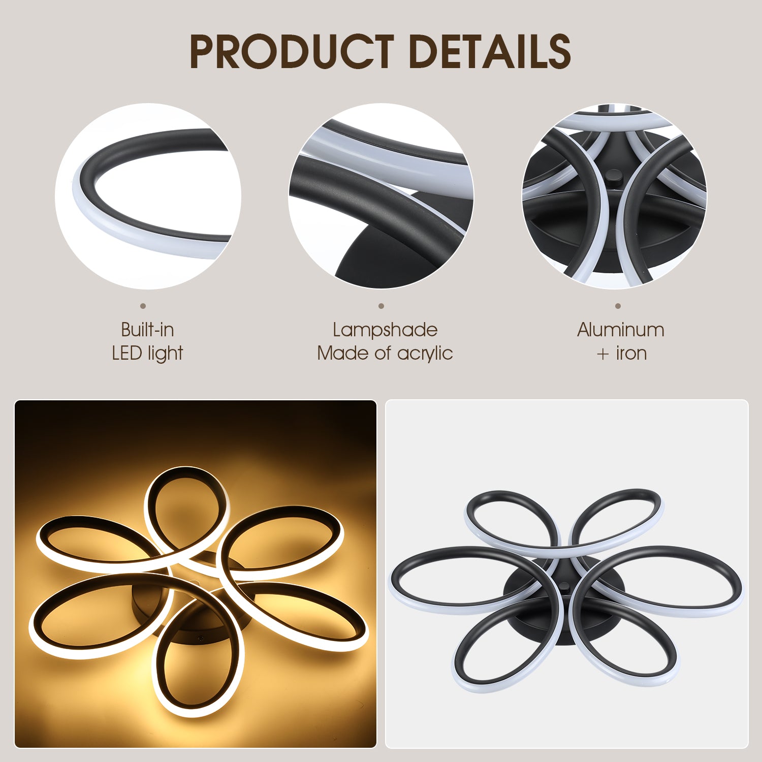 OYAJIA Modern Black Flower Ceiling Light, Integrated LED 3000K Warm White