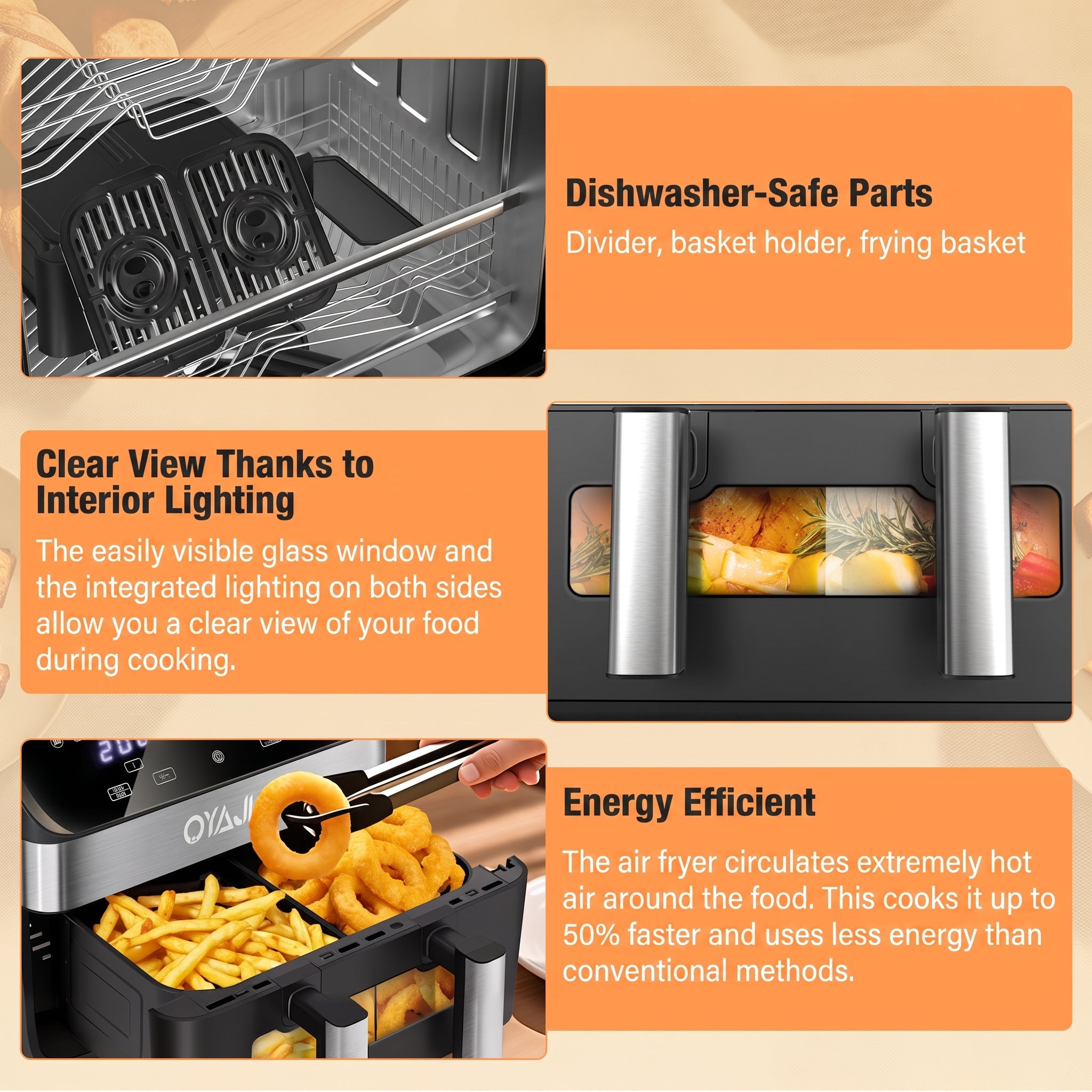 OYAJIA 10L Dual zone air fryer with window