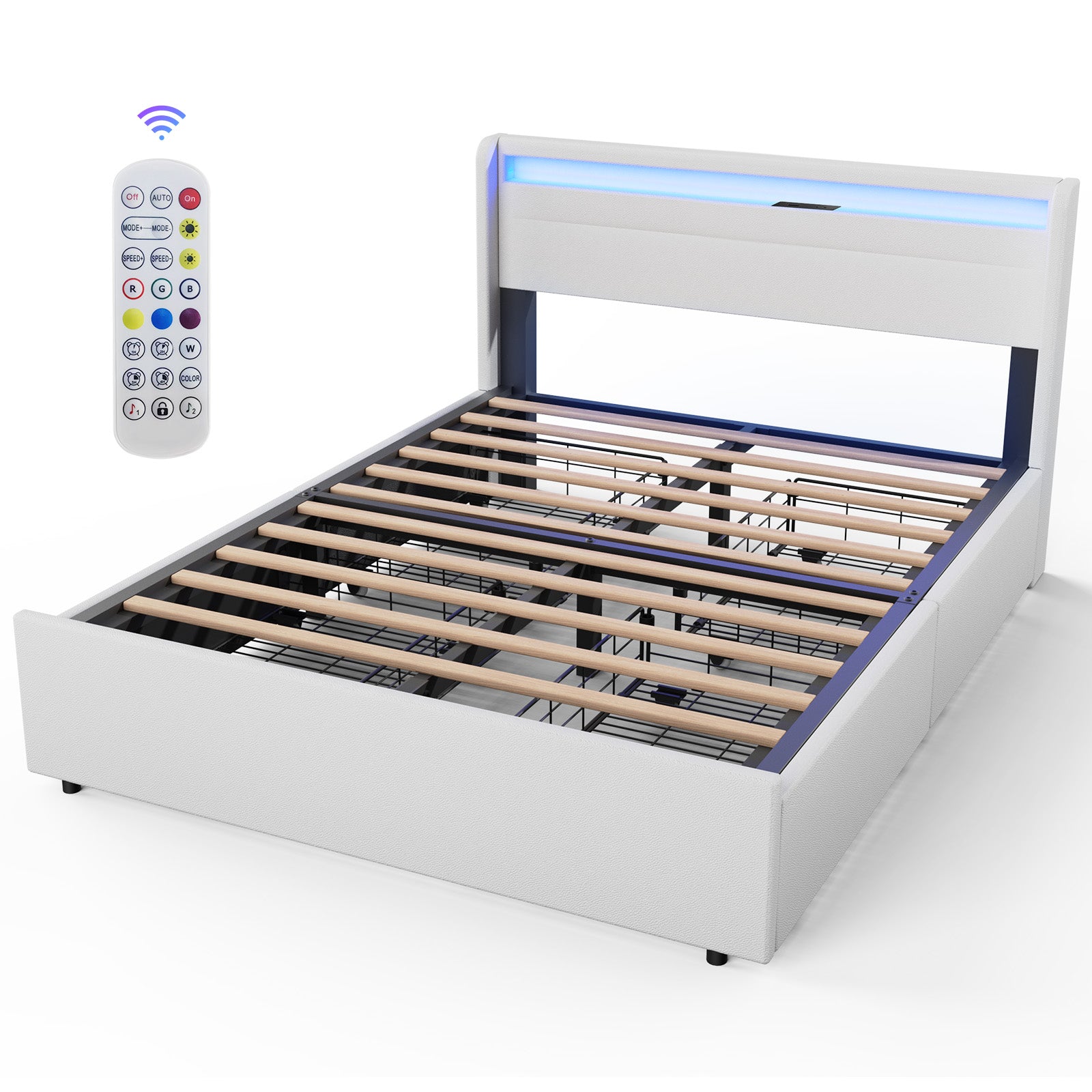 OYAJIA Upholstered Bed with LED Lighting, Four Drawers and USB Charging