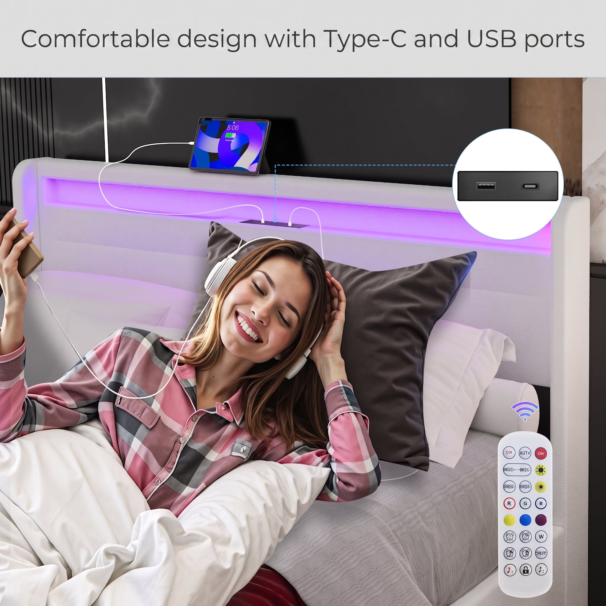 OYAJIA Upholstered Bed with LED Lighting, Four Drawers and USB Charging