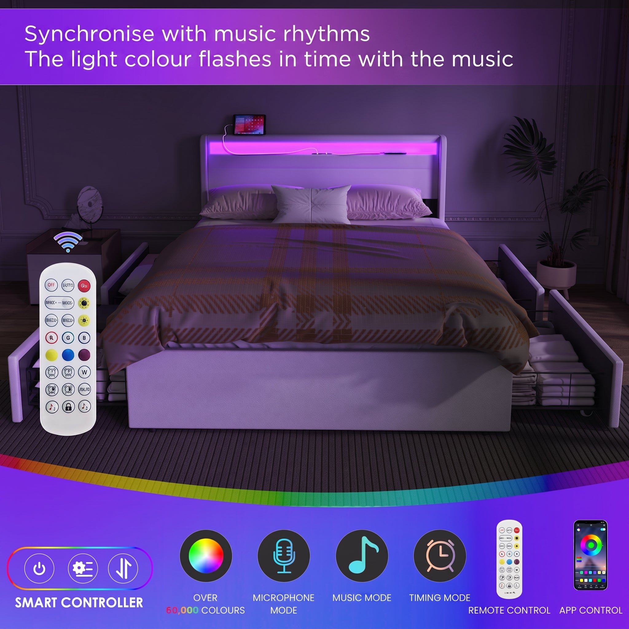 OYAJIA Upholstered Bed with LED Lighting, Four Drawers and USB Charging