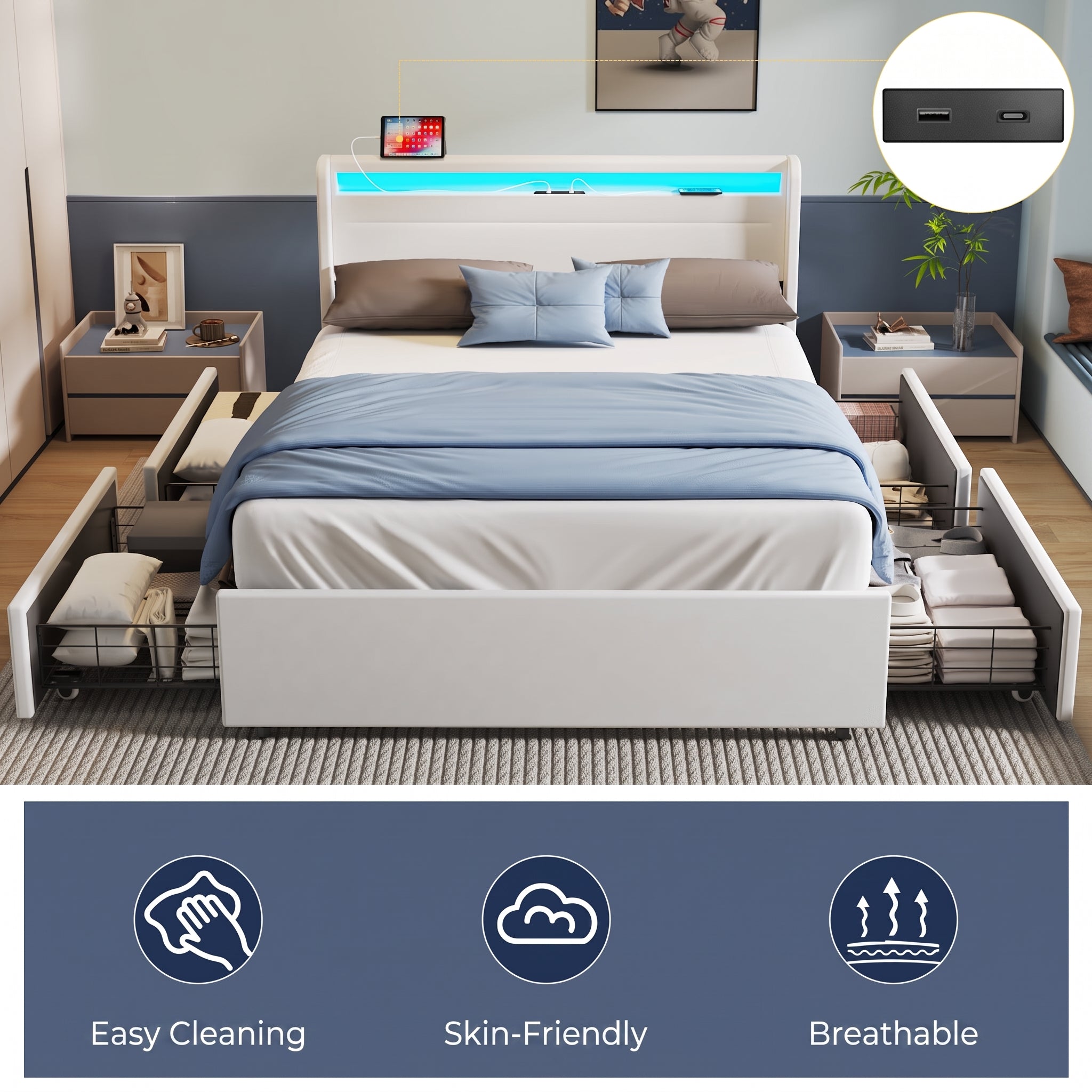 OYAJIA Upholstered Bed with LED Lighting, Four Drawers and USB Charging