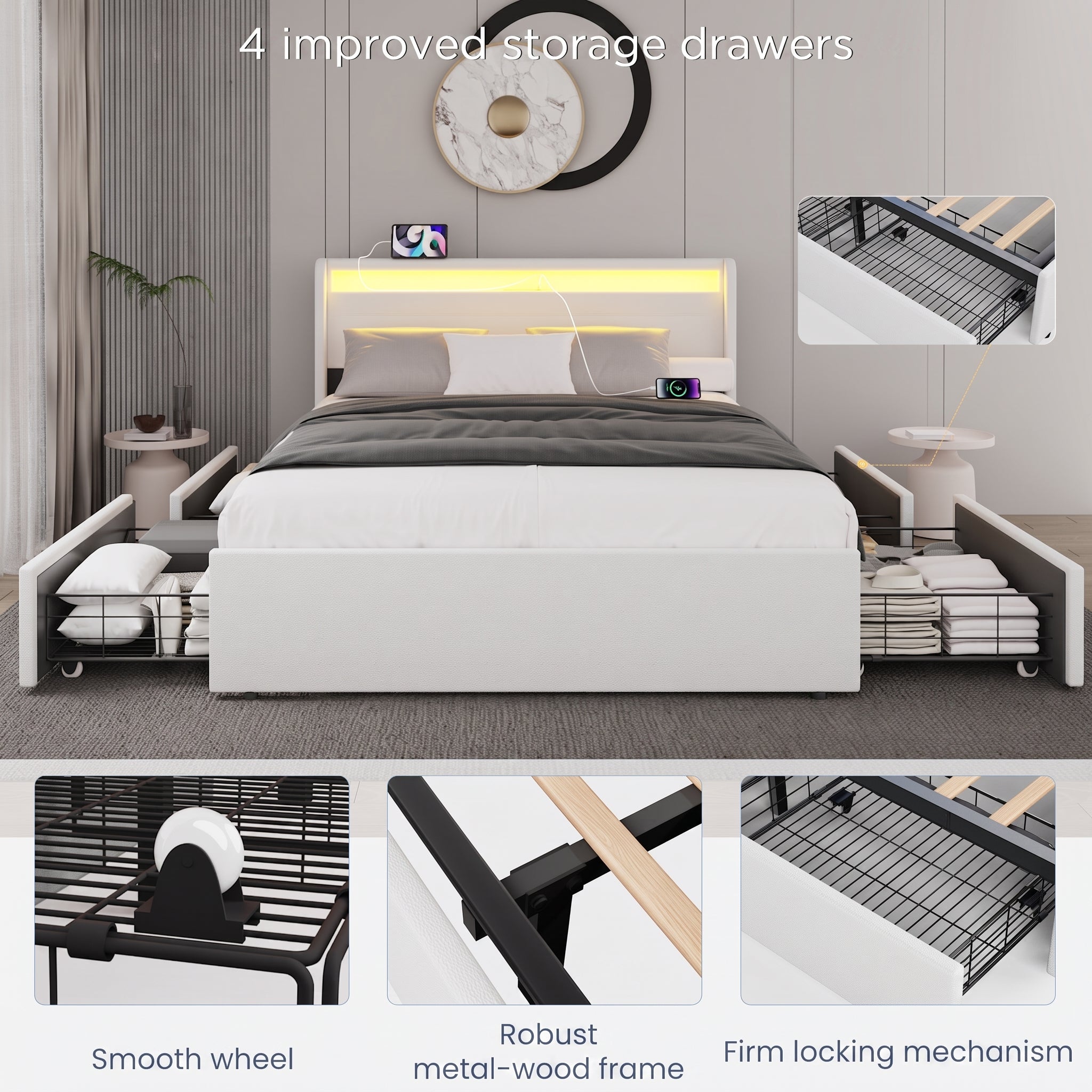 OYAJIA Upholstered Bed with LED Lighting, Four Drawers and USB Charging