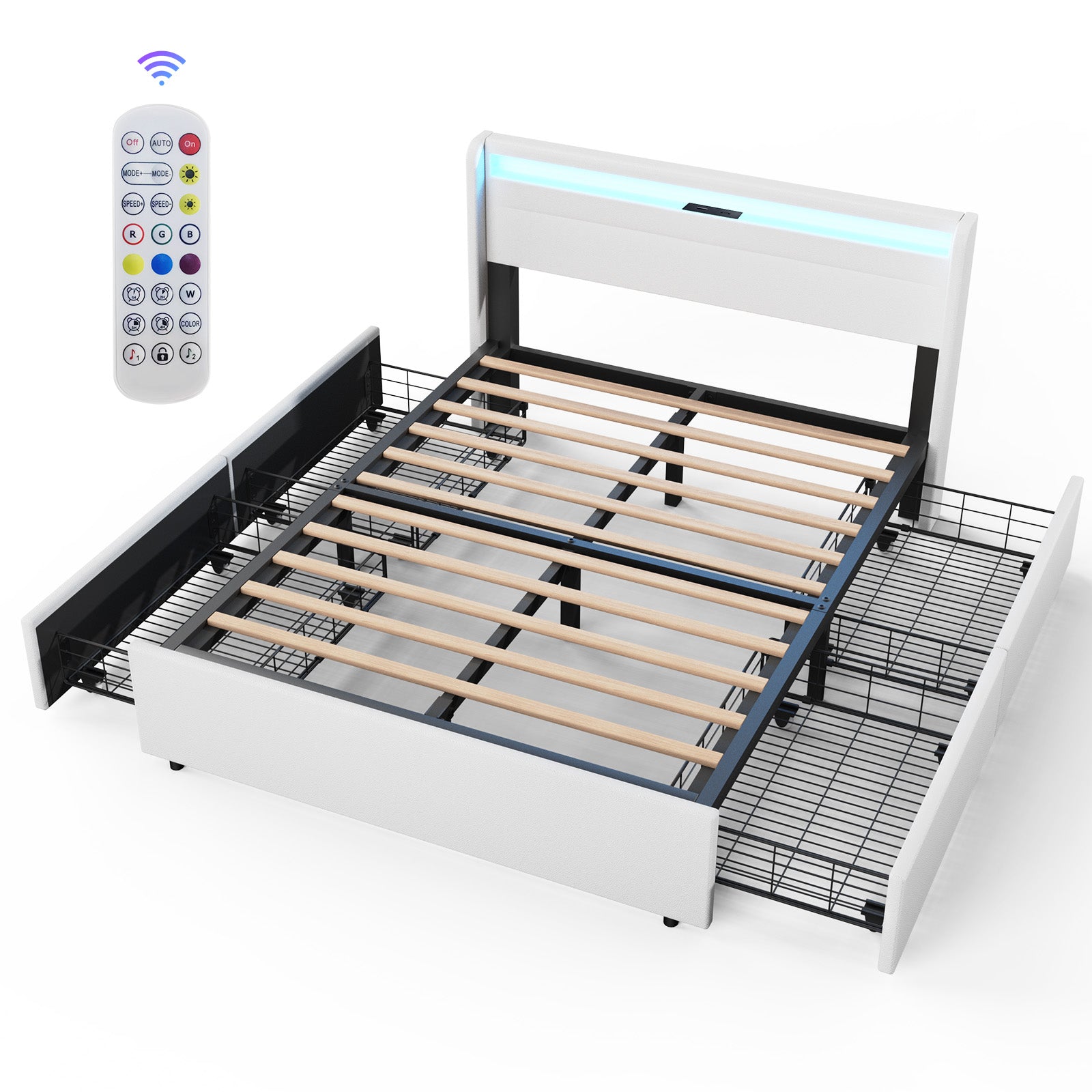 OYAJIA Upholstered Bed with LED Lighting, Four Drawers and USB Charging